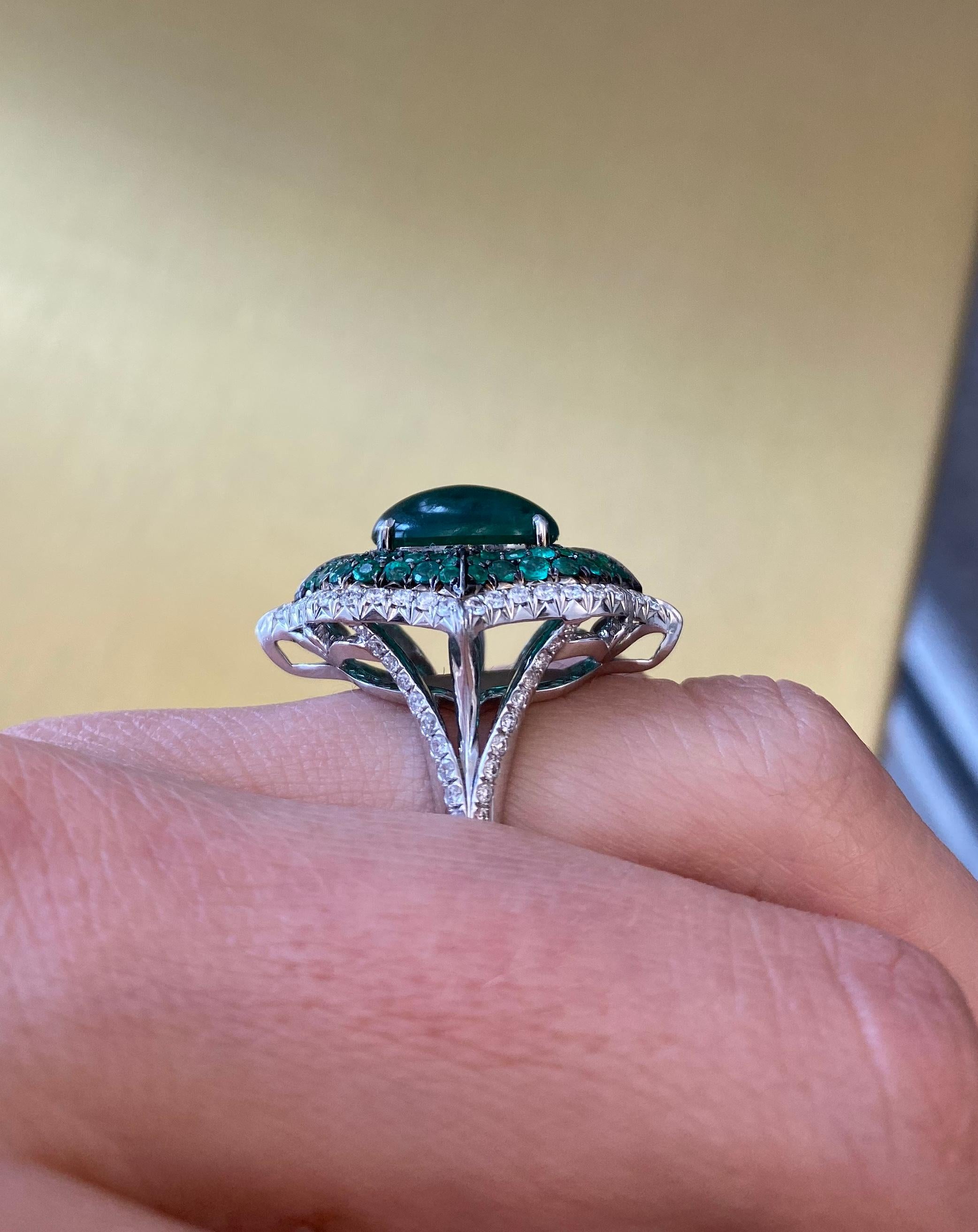 Women's or Men's Cabochon Emerald and Pave Diamond Cocktail Ring For Sale