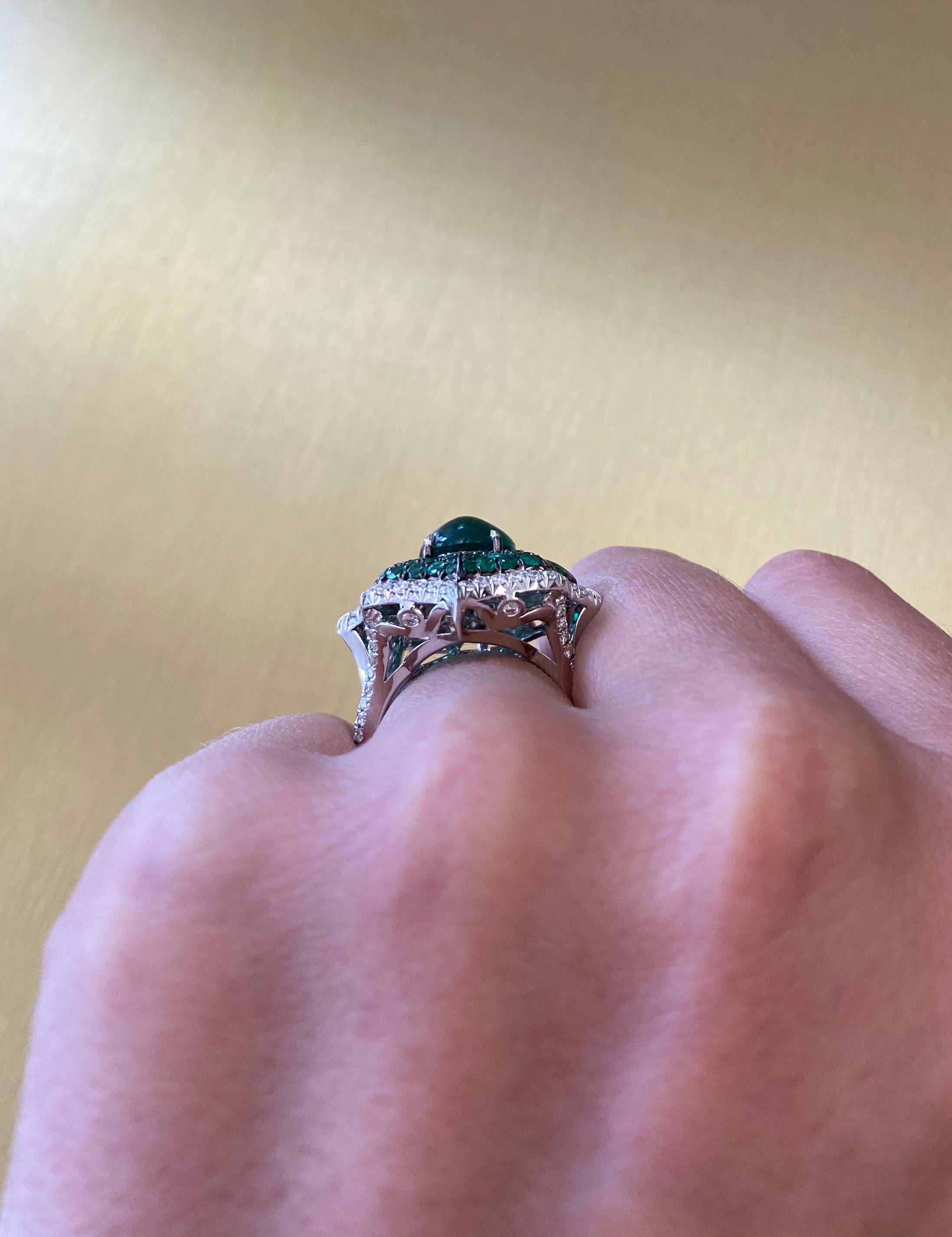 Cabochon Emerald and Pave Diamond Cocktail Ring For Sale 1