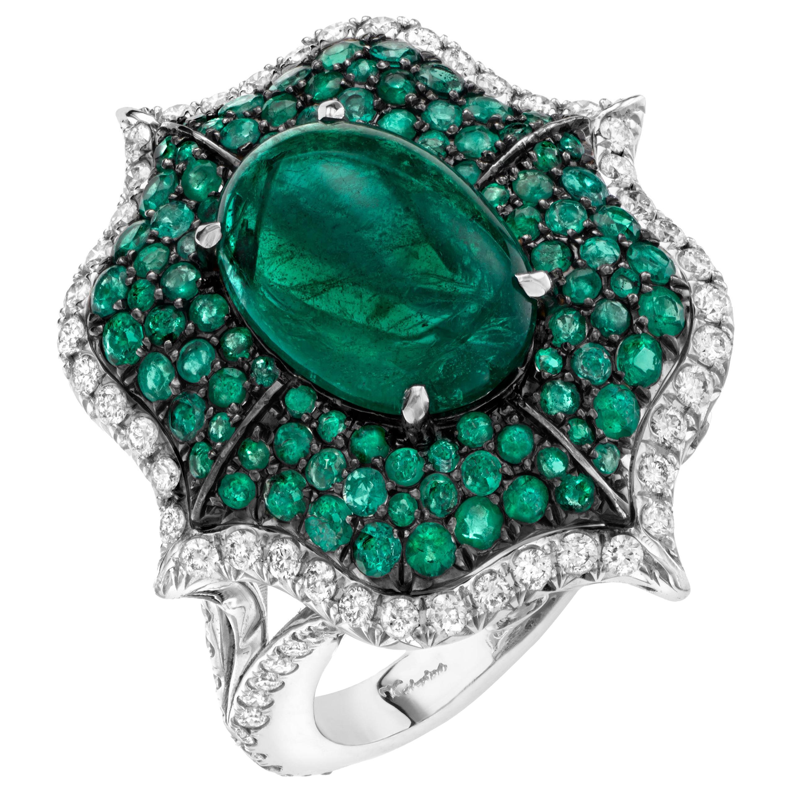 Cabochon Emerald and Pave Diamond Cocktail Ring For Sale