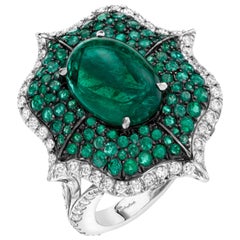 Cabochon Emerald and Pave Diamond Cocktail Ring