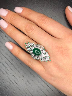 Cabochon Emerald and Pear Shape Diamond Cluster Ring