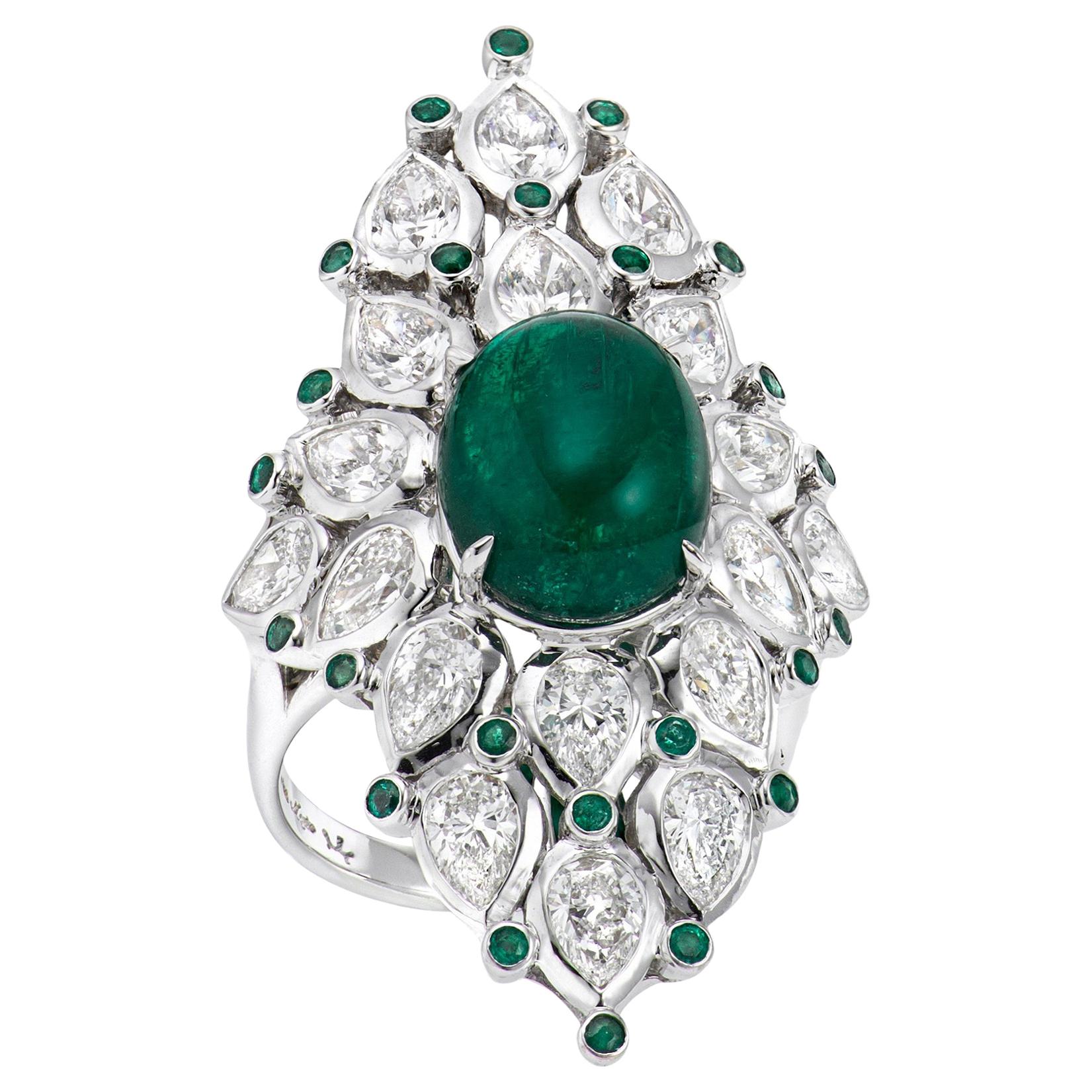 Cabochon Emerald and Pear Shape Diamond Cluster Ring For Sale