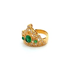 Cabochon Emerald and RBC Diamond Gold Crown Vintage Ring