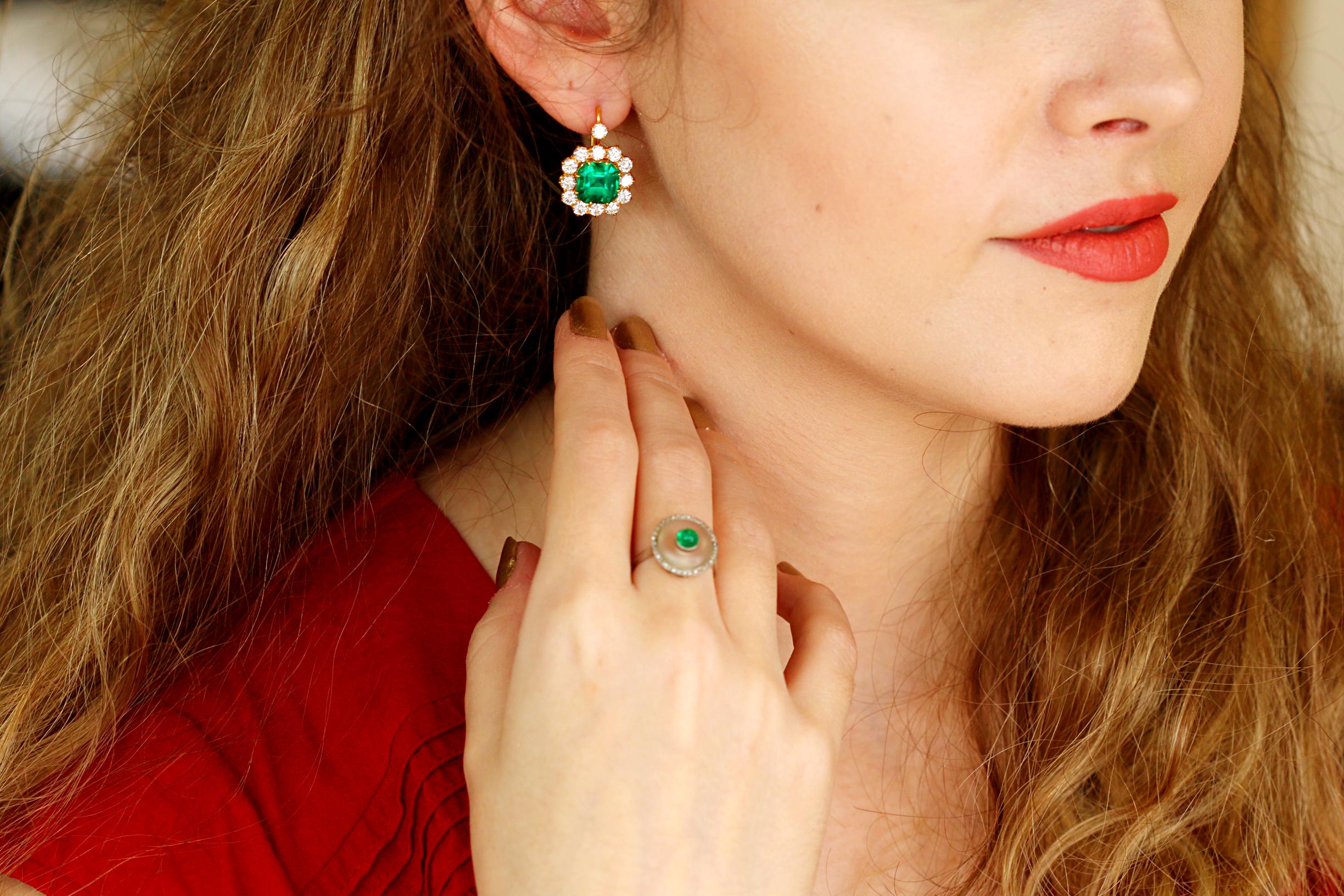 Women's Art Deco Emerald and Rock Crystal Platinum Diamond Ring