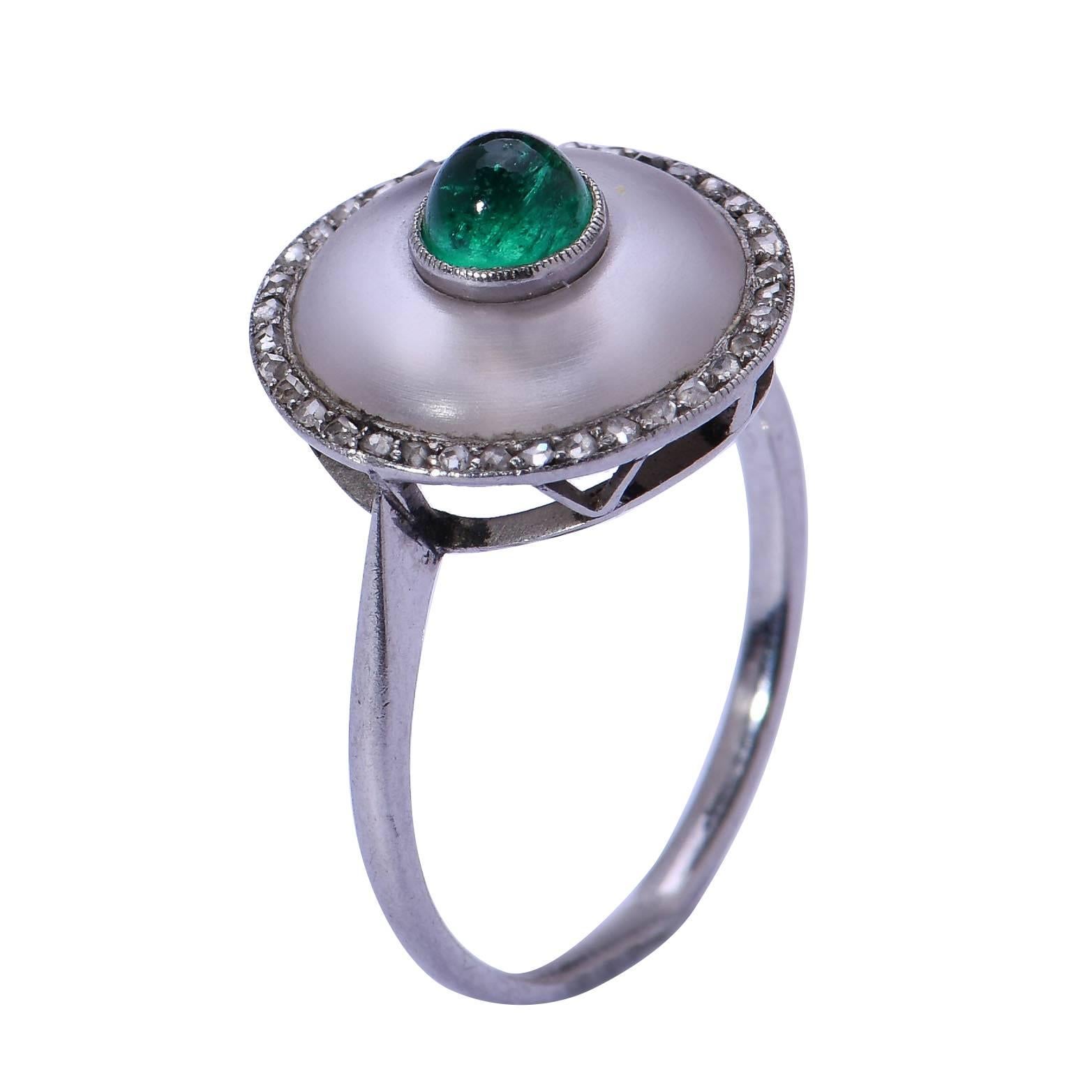 Art Deco Emerald and Rock Crystal Platinum Diamond Ring