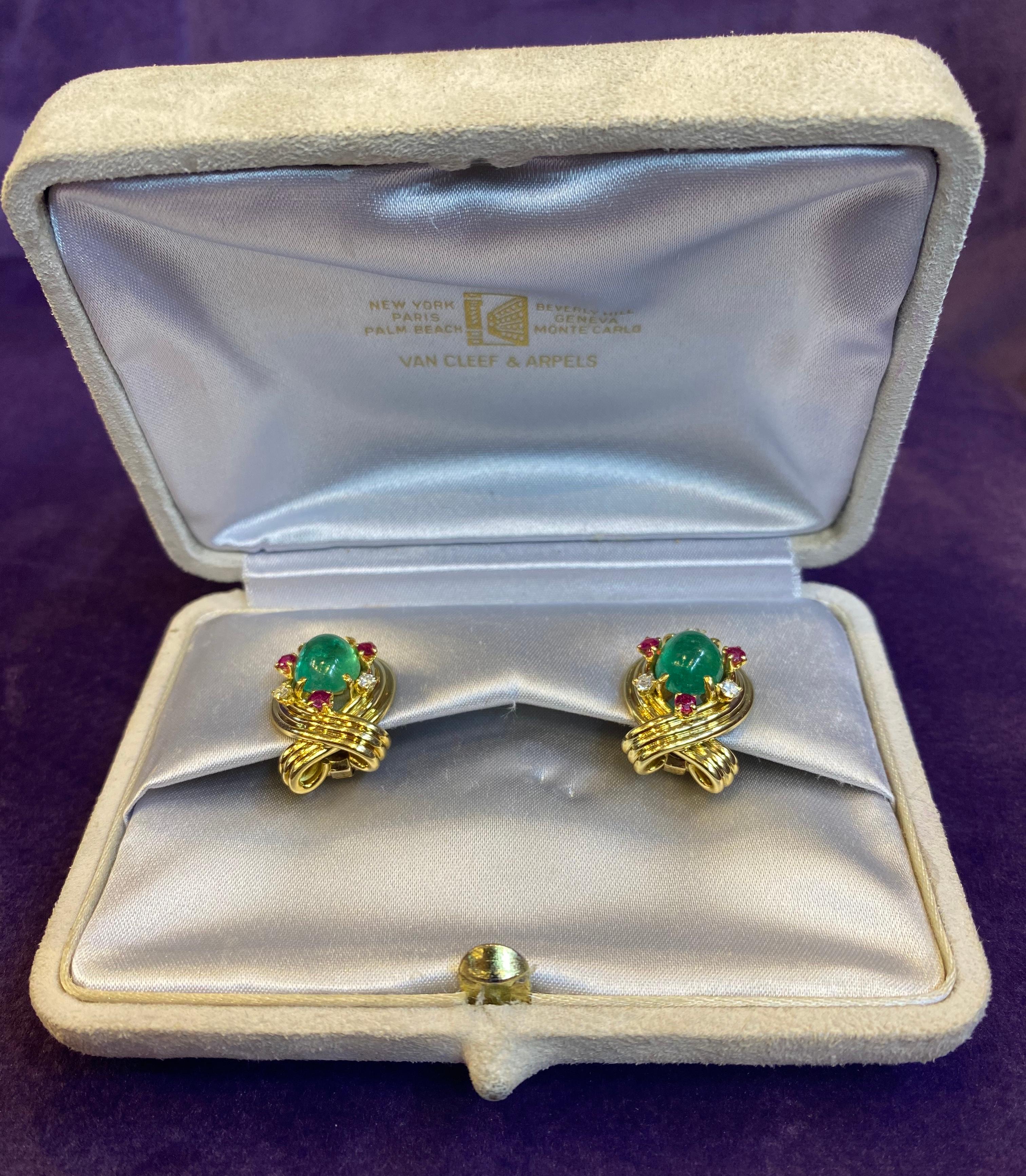 Cabochon Emerald and Ruby Earrings by Van Cleef & Arpels For Sale 1