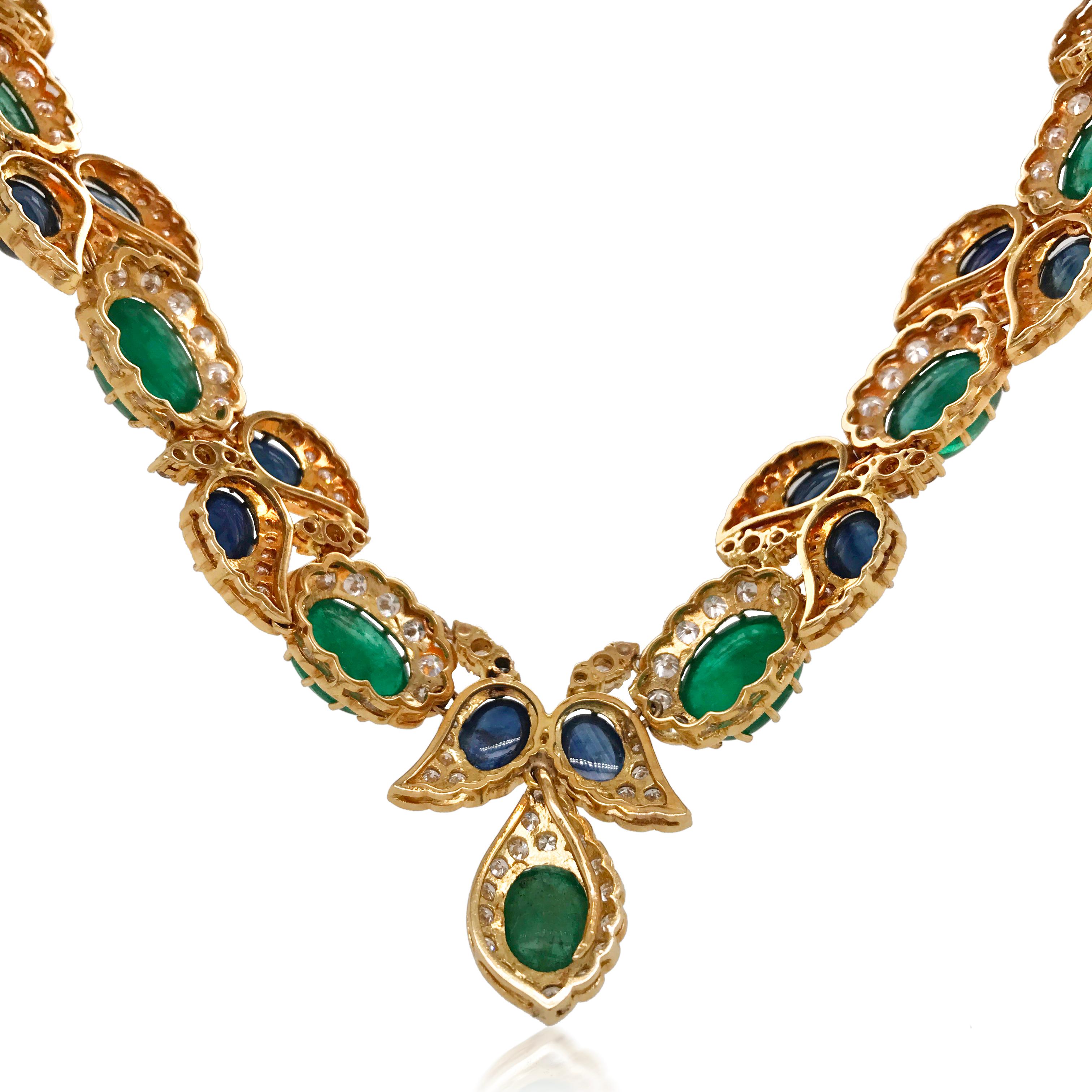 Retro Cabochon Emerald and Sapphire Necklace