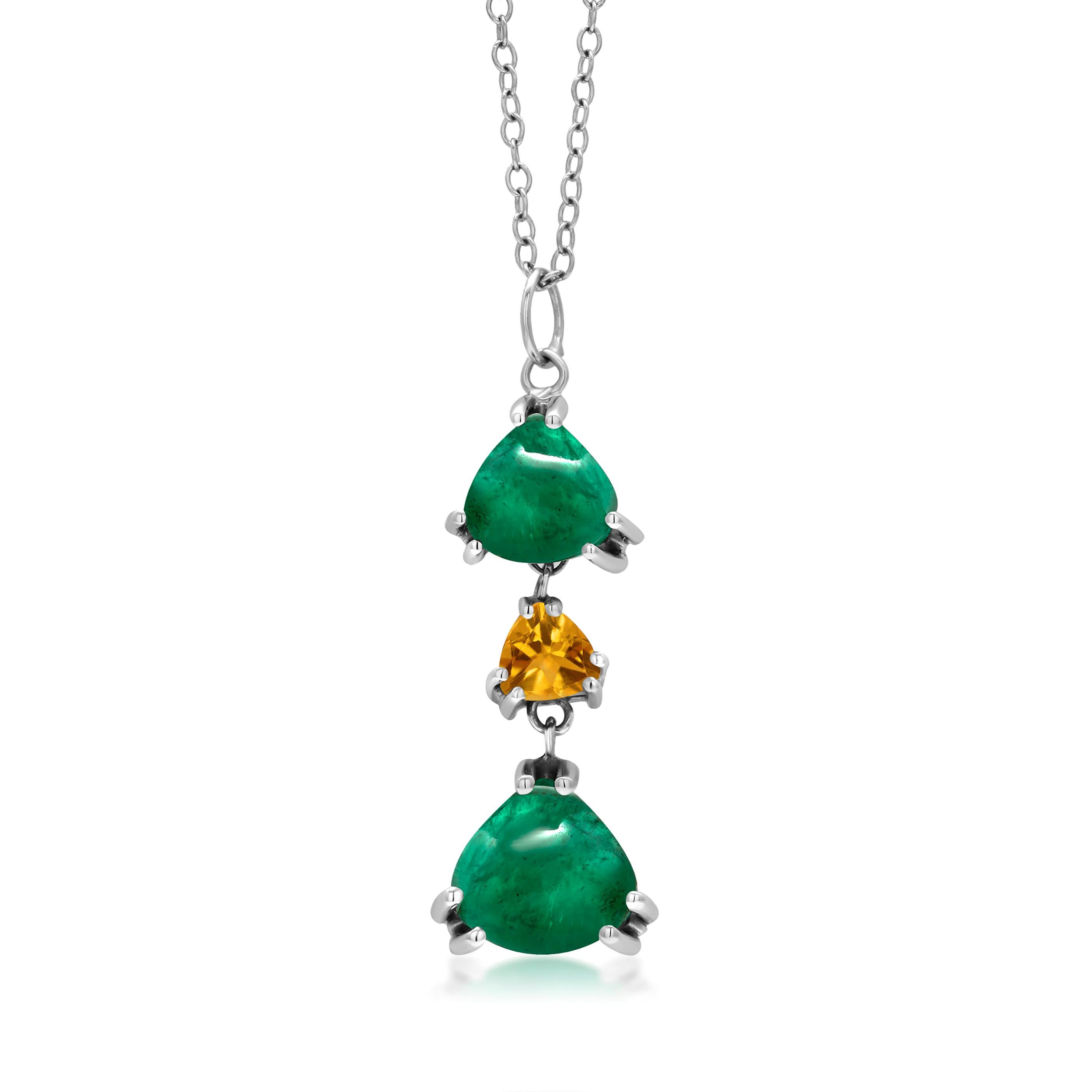 Contemporary Cabochon Emerald Yellow Sapphire White Gold Drop Necklace Weighing 3.57 Carat