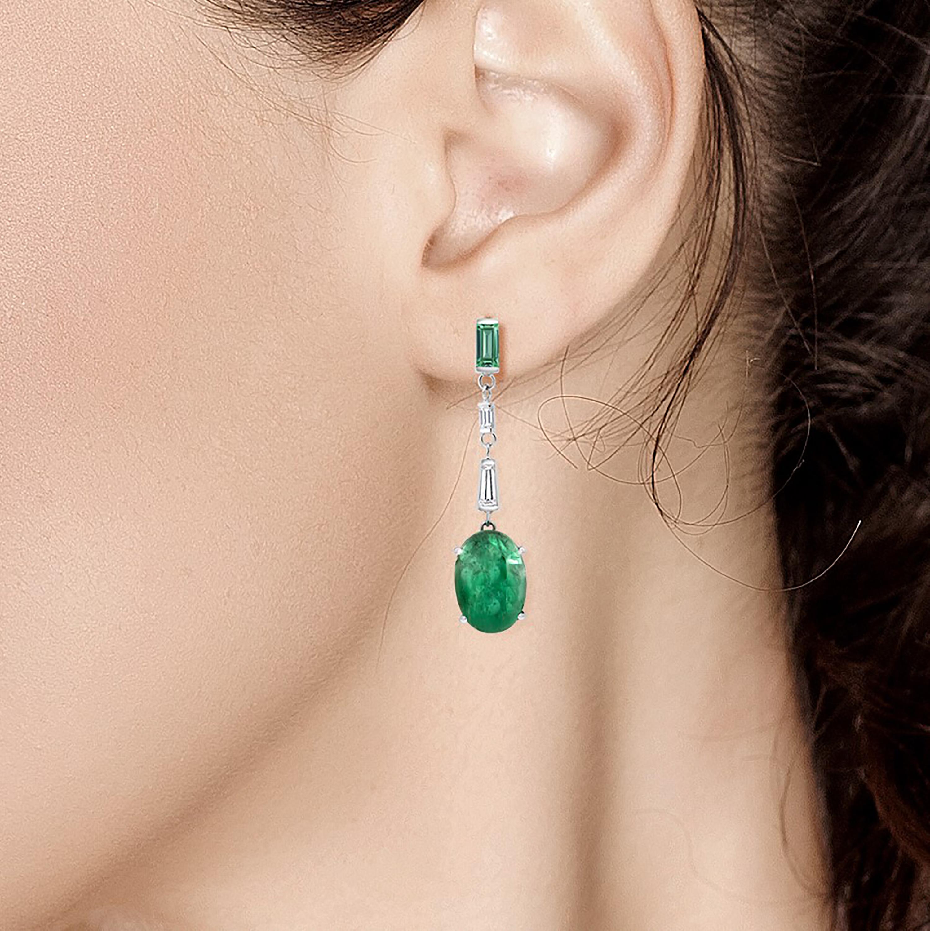 Contemporary Cabochon Emerald Baguette Diamond White Gold Earrings Weighing 15.02 Carat