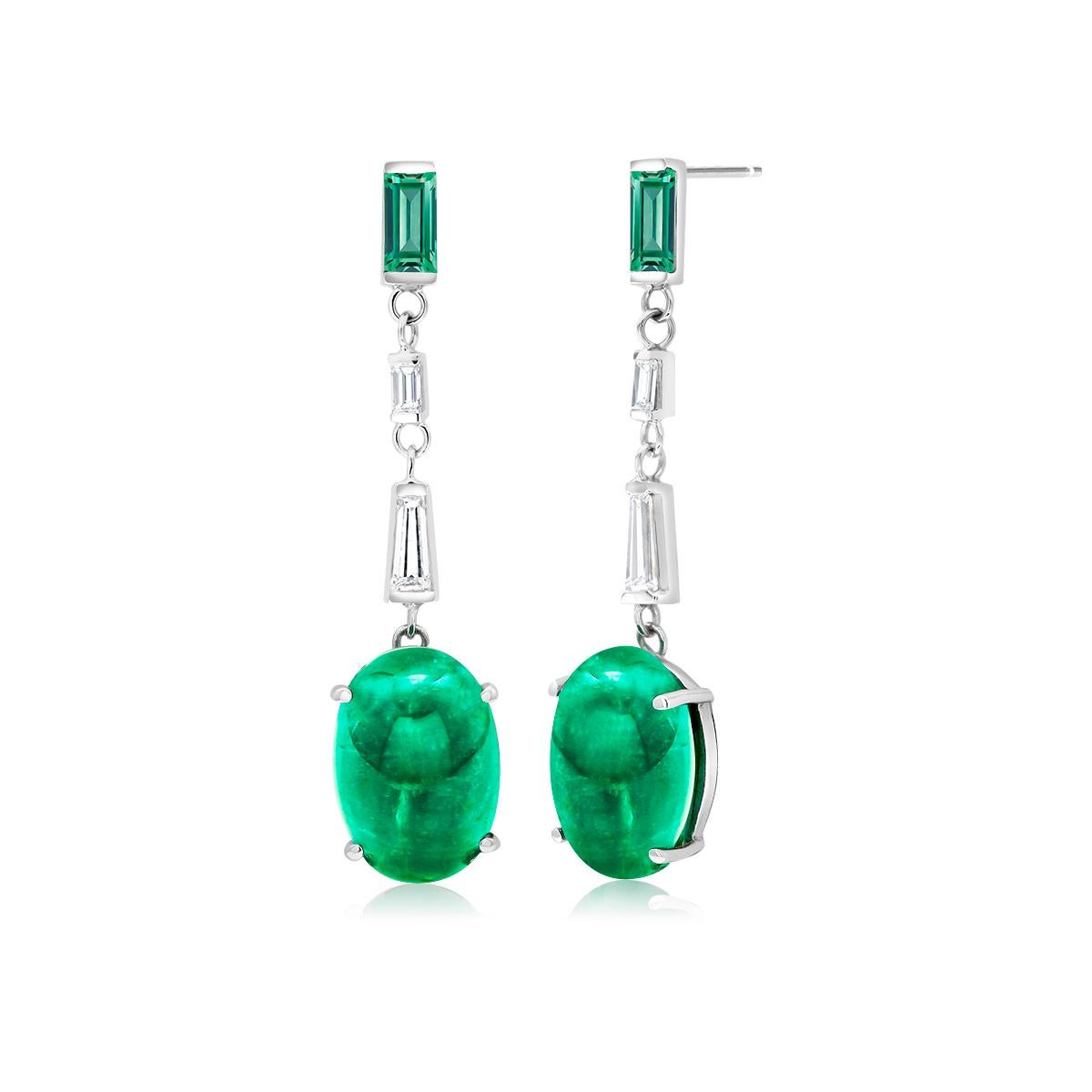 Cabochon Emerald Baguette Diamond White Gold Earrings Weighing 15.02 Carat In New Condition In New York, NY