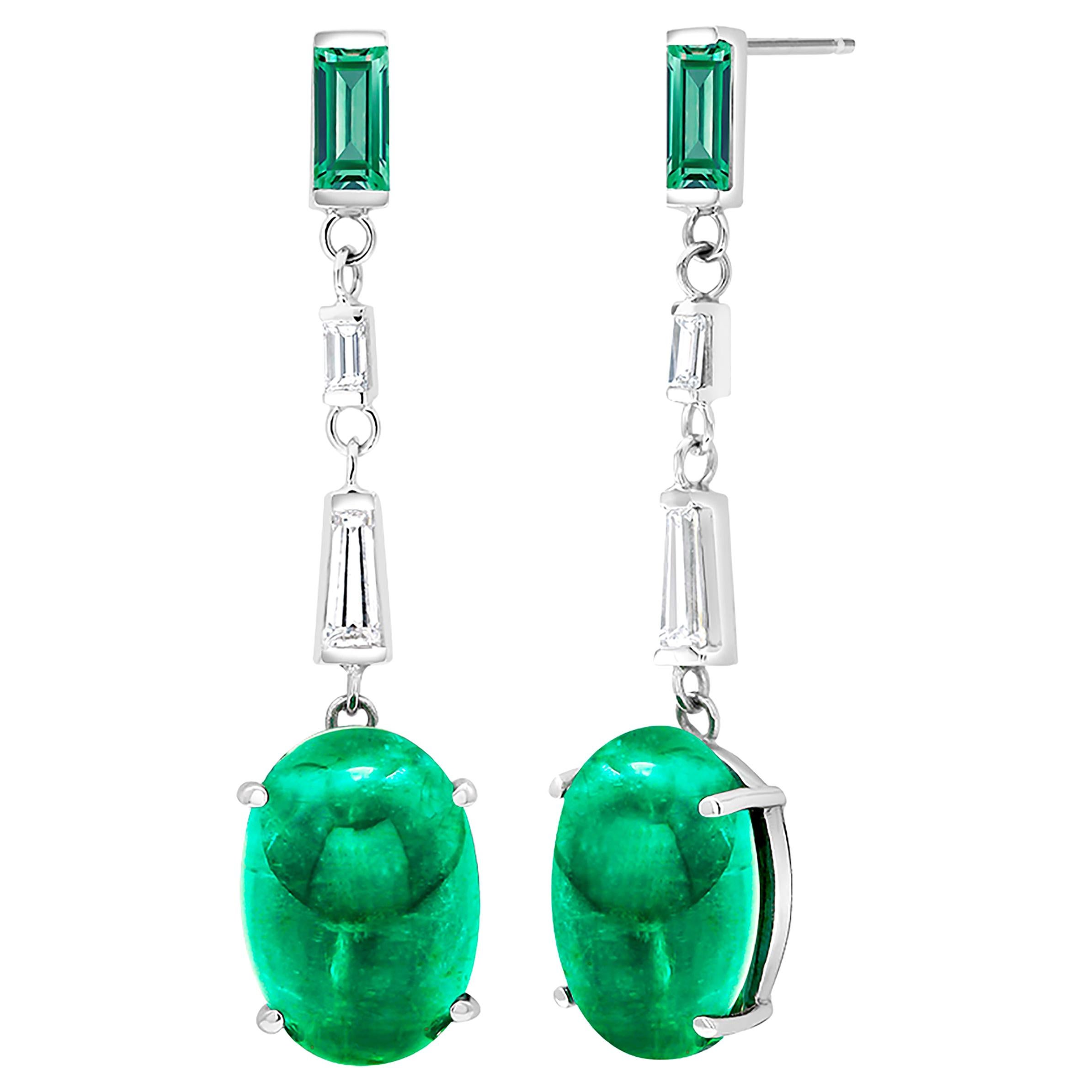Cabochon Emerald Baguette Diamond White Gold Earrings Weighing 15.02 Carat