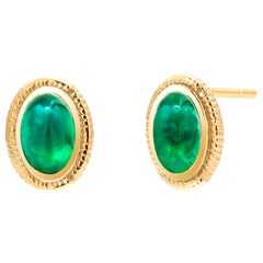 Cabochon Emerald Bezel Set Yellow Gold Rope Design Stud Earrings