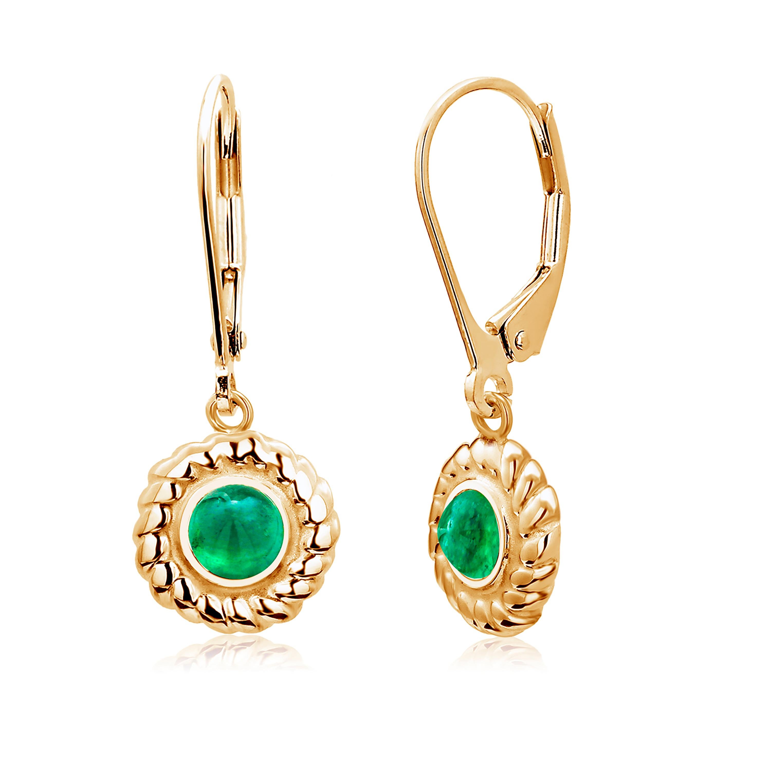 Round Cut Cabochon Emerald Braided Bezel Set Lever Back Yellow Gold Earrings