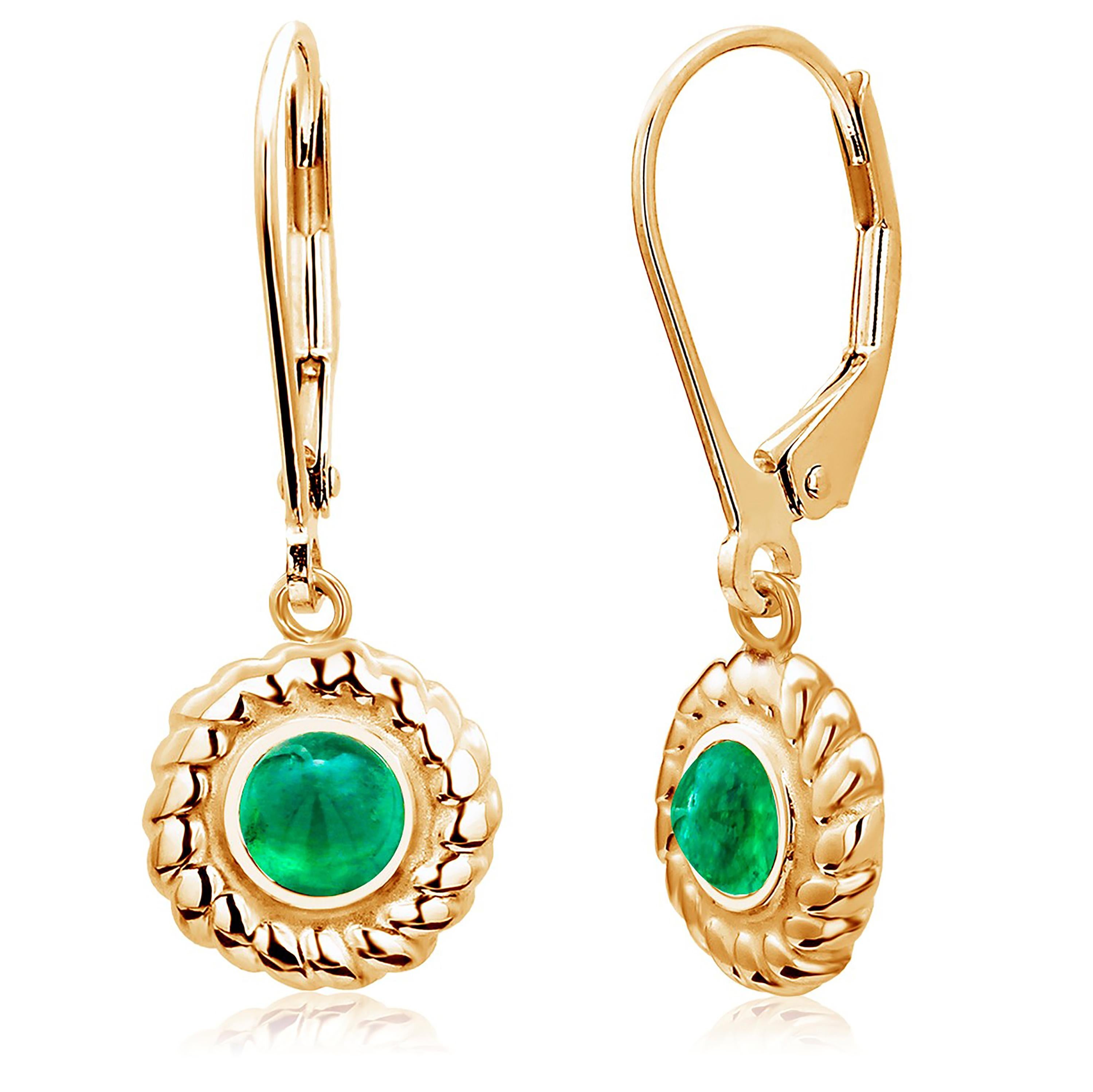 Women's or Men's Cabochon Emerald Braided Bezel Set Lever Back Yellow Gold Earrings