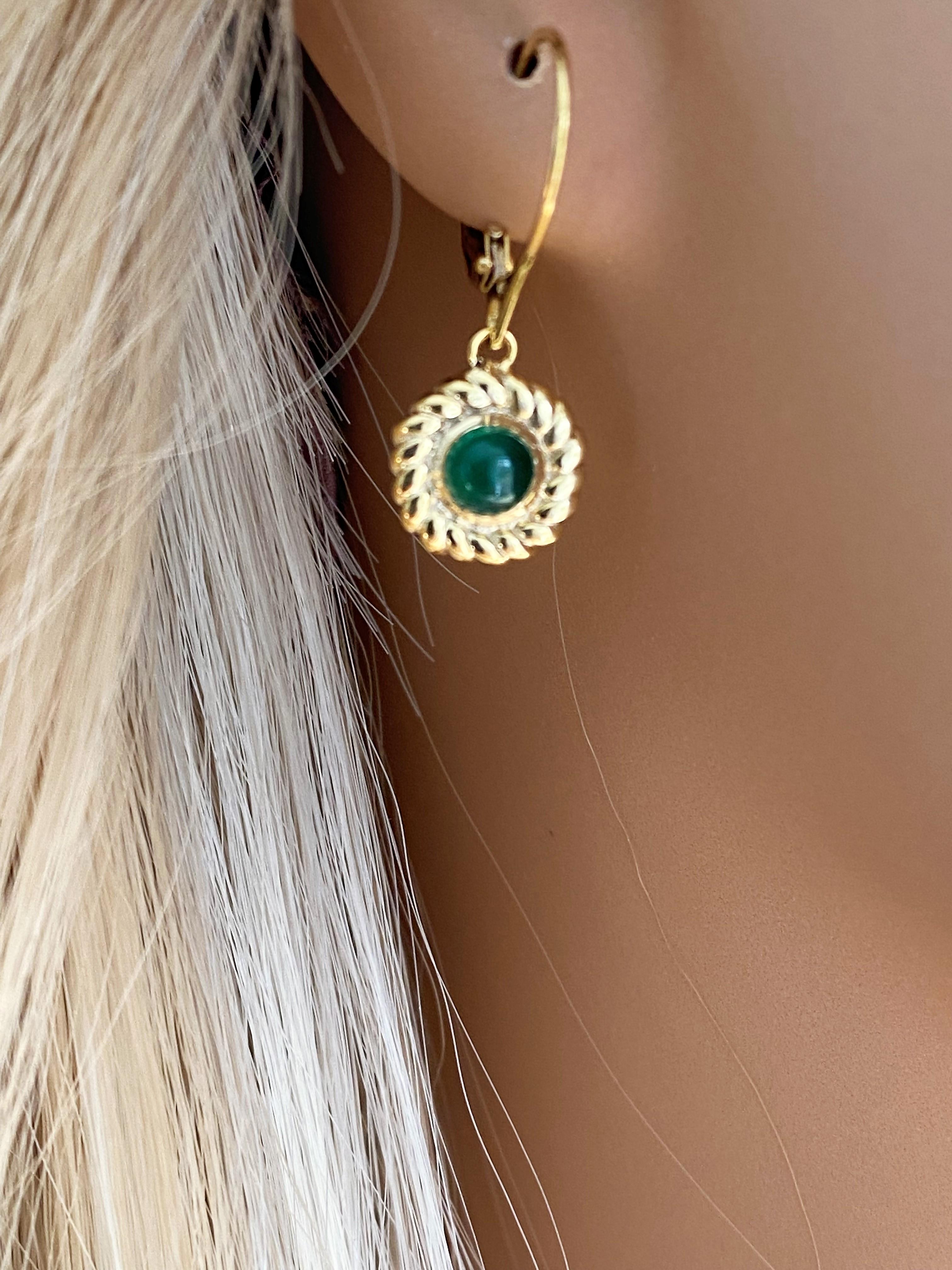 Cabochon Emerald Braided Bezel Set Lever Back Yellow Gold Earrings In New Condition In New York, NY