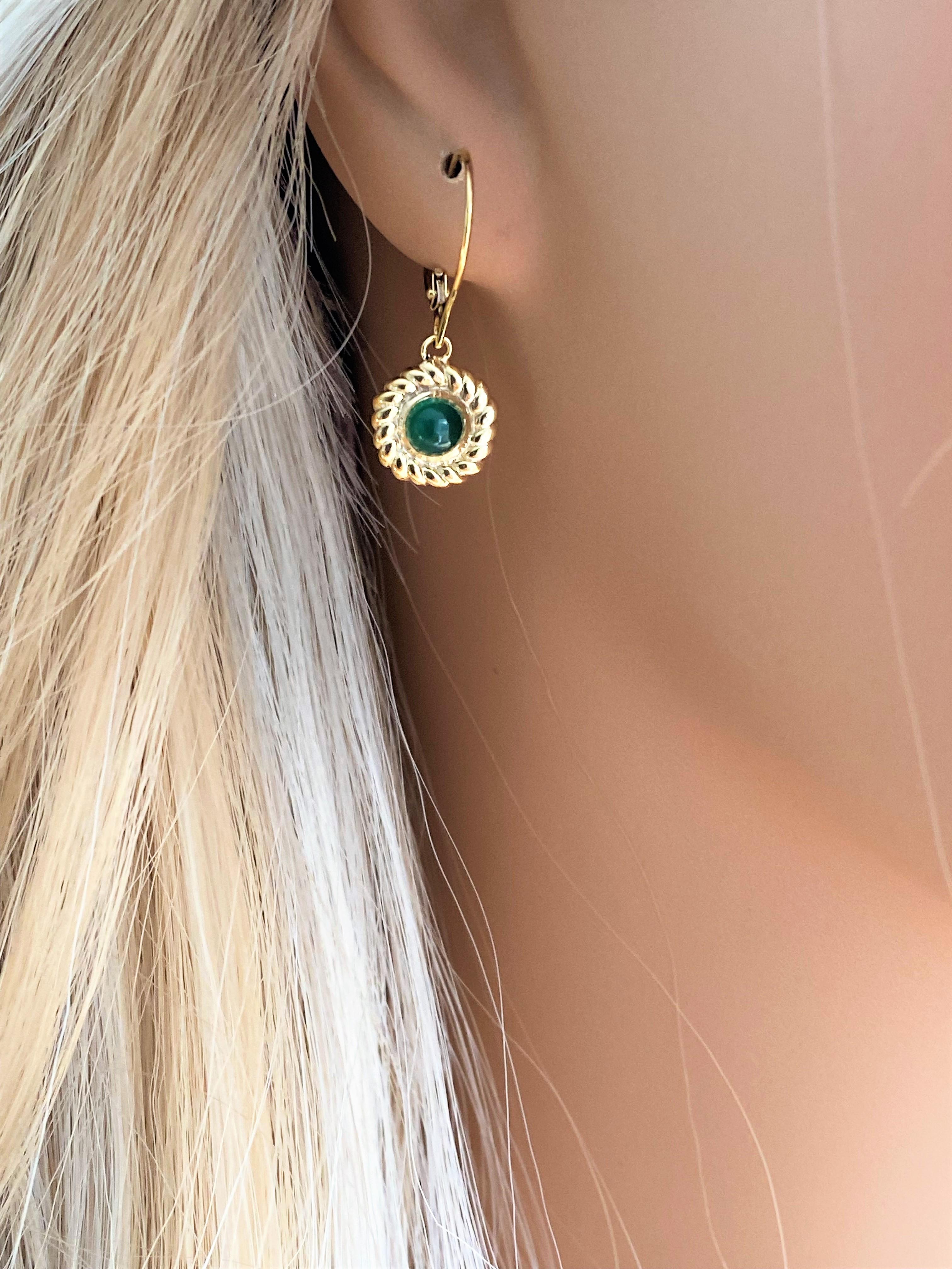 Cabochon Emerald Braided Bezel Set Lever Back Yellow Gold Earrings 3