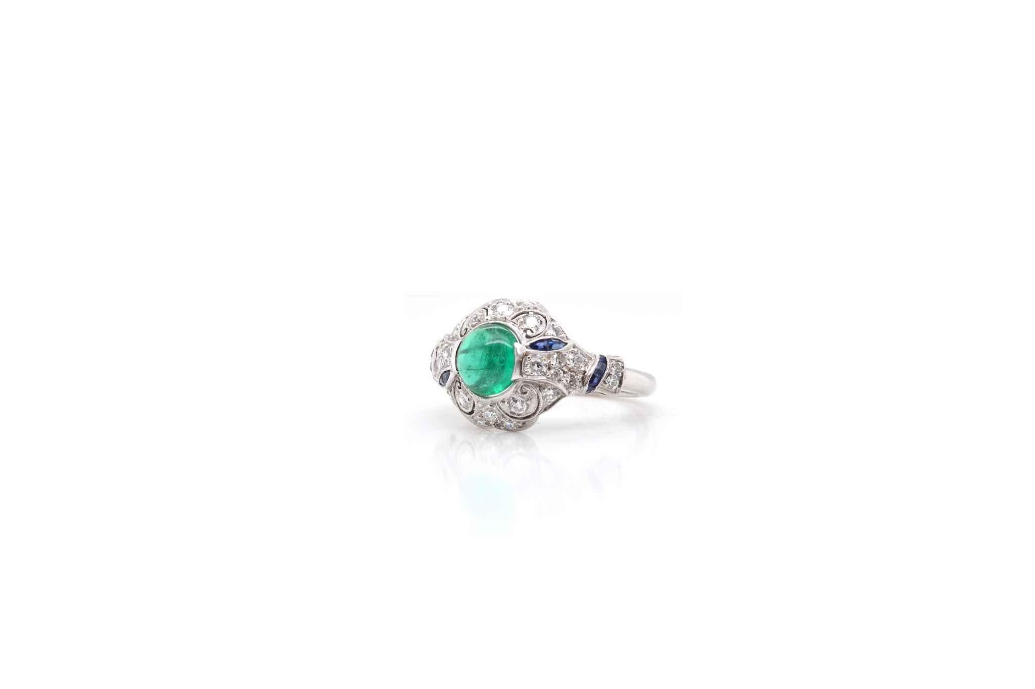 Women's or Men's Cabochon emerald, brilliant cut diamonds and sapphires ring For Sale