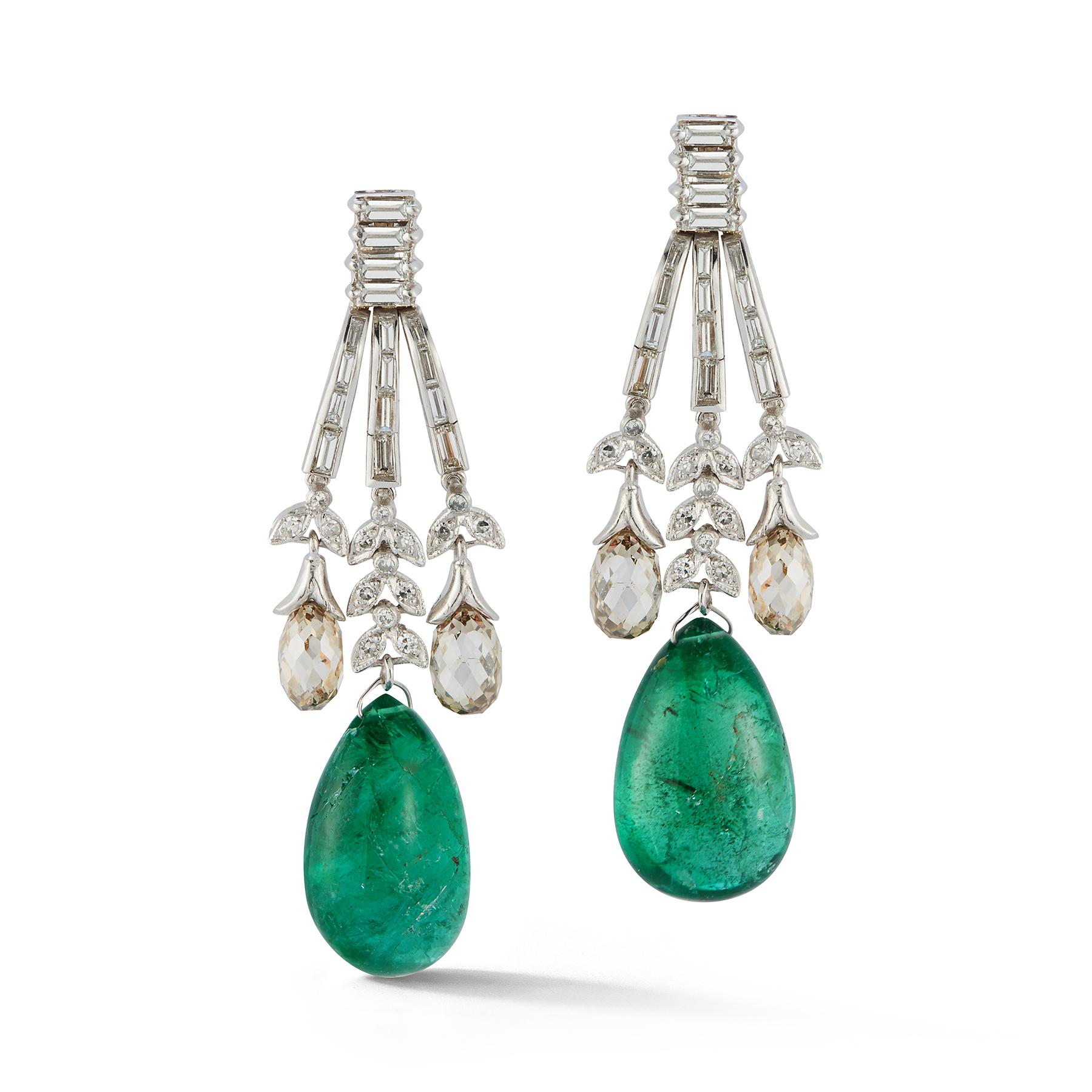 Cabochon Emerald & Briolette Diamond Chandelier Earrings 
 
2 cabochon emerald drops along with 2 dangling briolette diamonds, 16 baguette cut diamonds & 15 round cut diamonds.

Measurements: 1.75