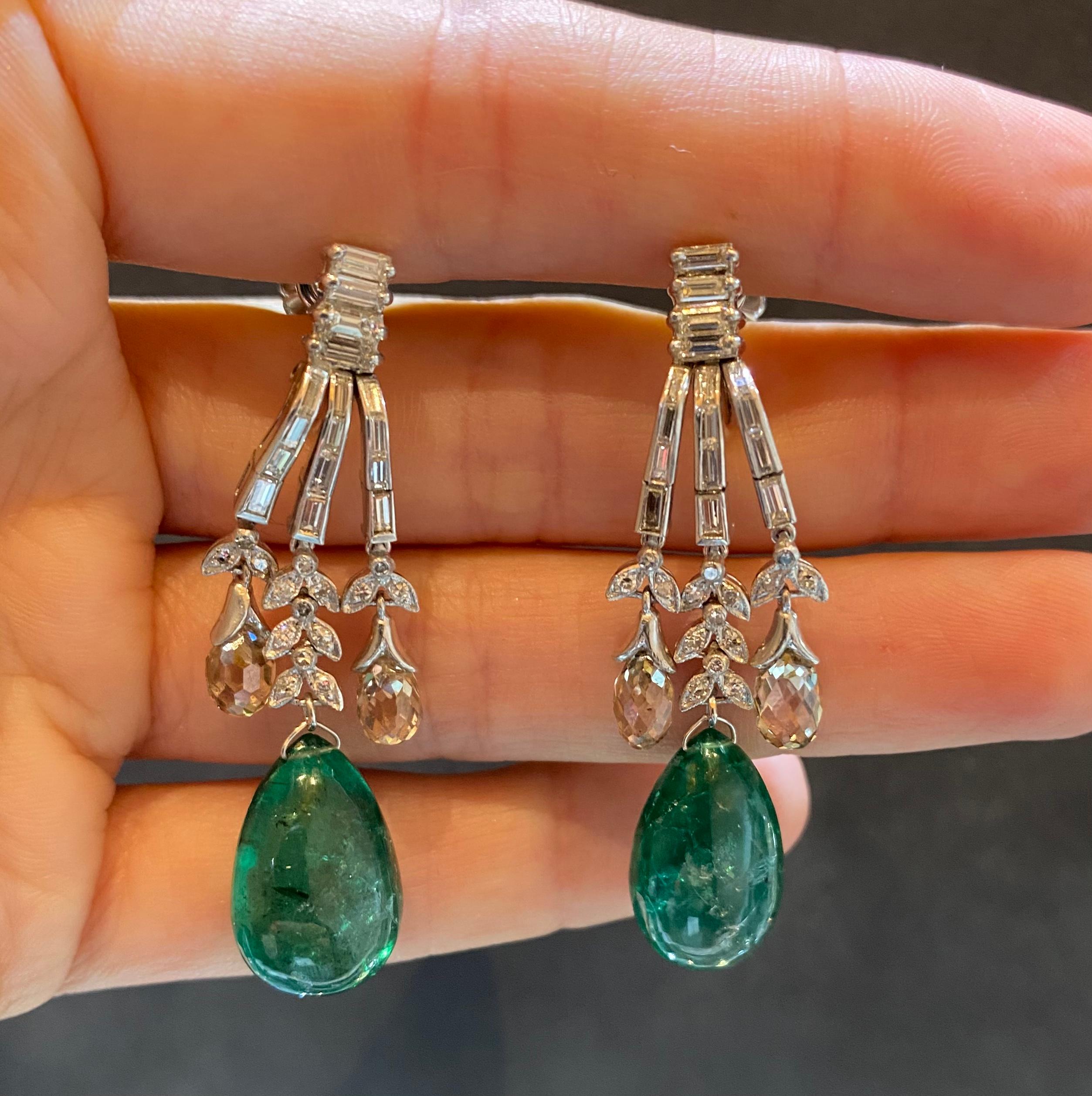 Cabochon Emerald & Briolette Diamond Chandelier Earrings  In Excellent Condition For Sale In New York, NY