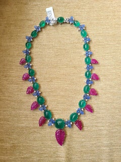 Emerald Cabochons, Carved Blue Sapphire, Ruby & Diamonds Tutti Frutti Necklace
