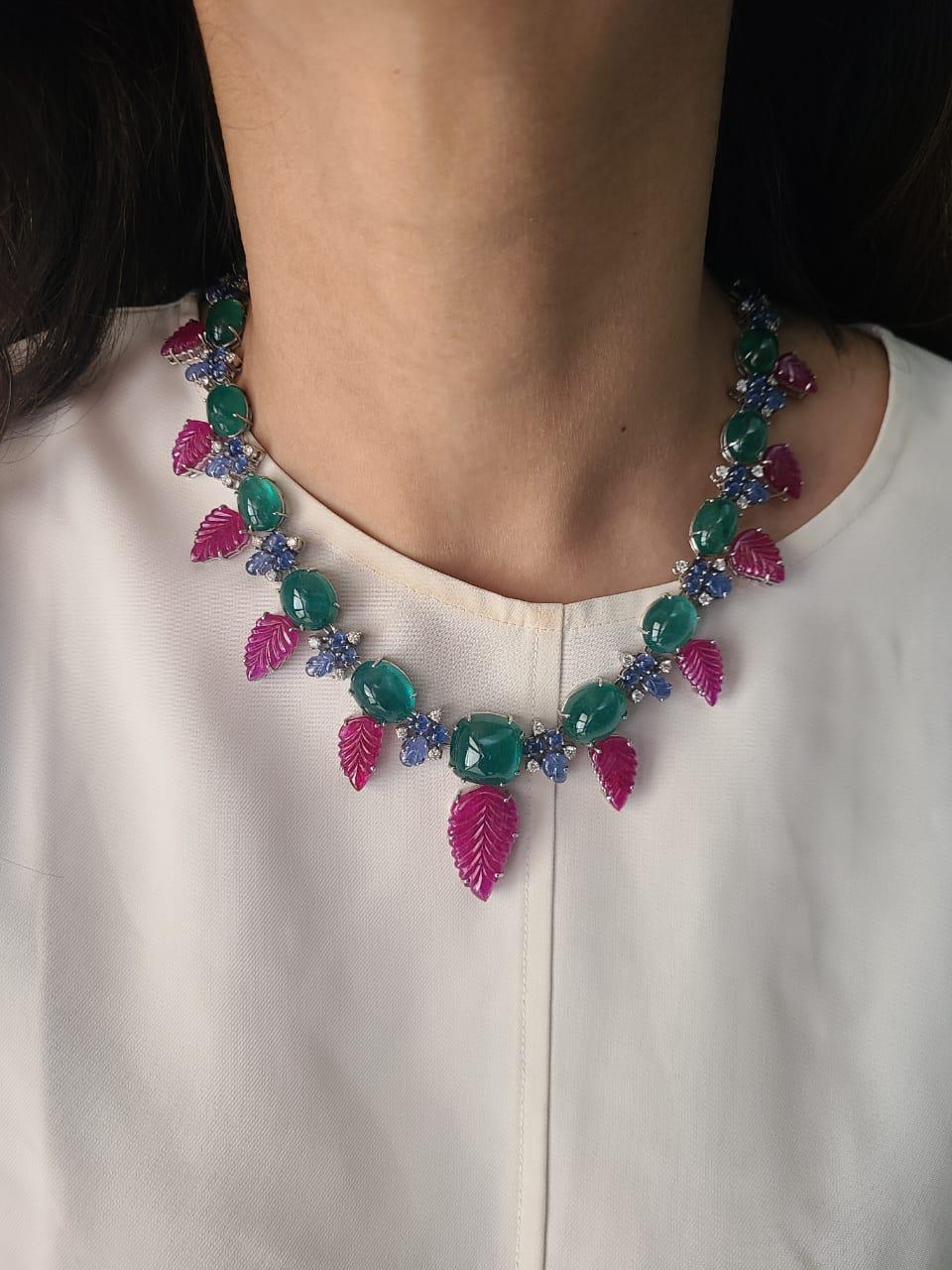 Art Deco Emerald Cabochons, Carved Blue Sapphire, Ruby & Diamonds Tutti Frutti Necklace