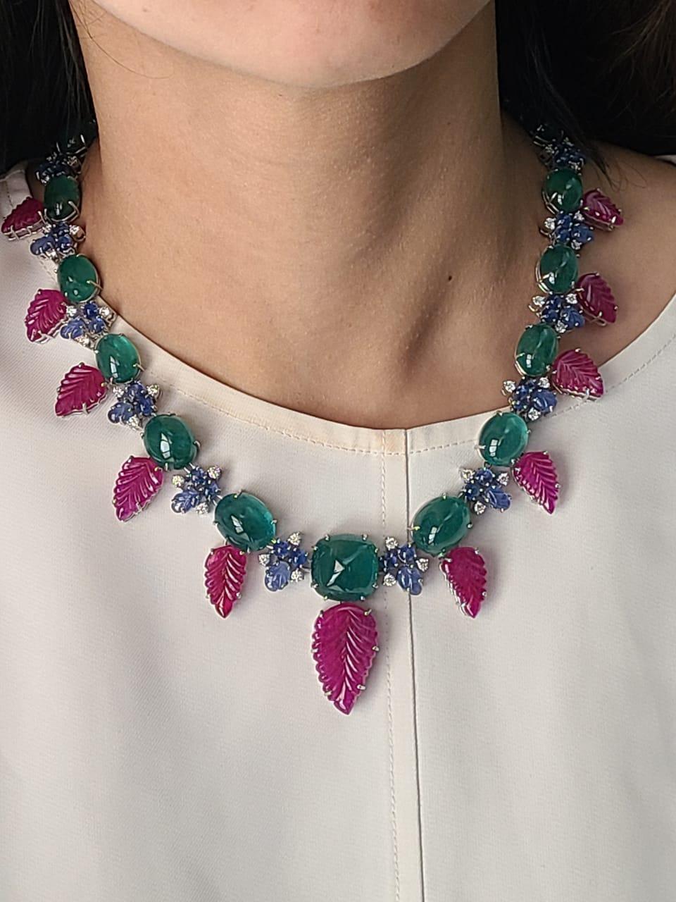 Round Cut Emerald Cabochons, Carved Blue Sapphire, Ruby & Diamonds Tutti Frutti Necklace