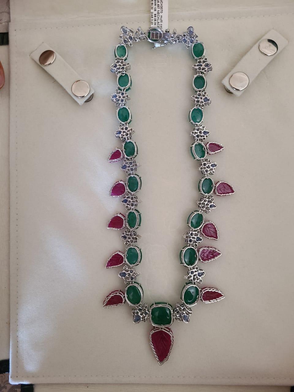 Women's or Men's Emerald Cabochons, Carved Blue Sapphire, Ruby & Diamonds Tutti Frutti Necklace