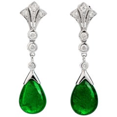 Cabochon Emerald Diamond 18 Karat White Gold Drop Dangle Earrings