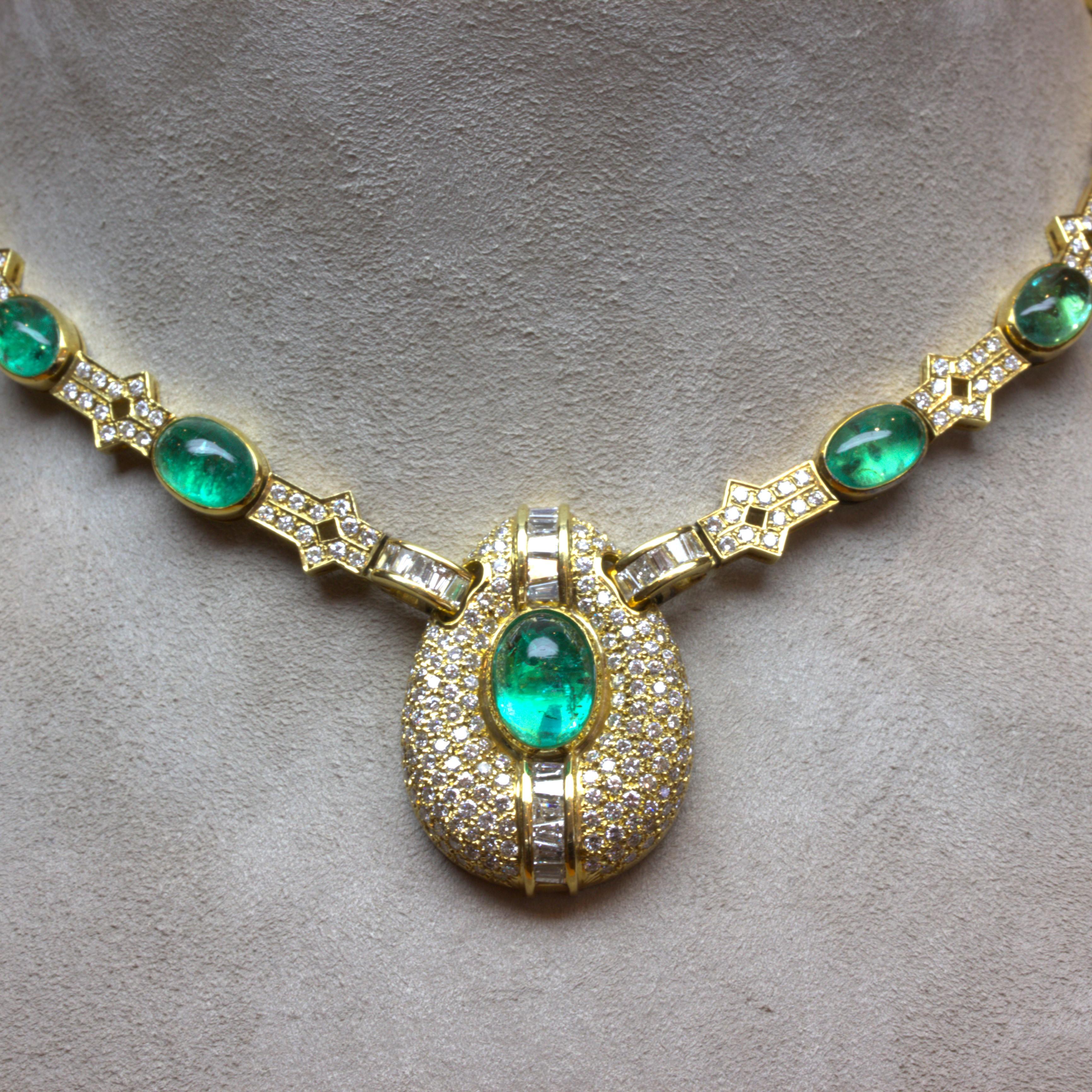 Cabochon Emerald Diamond 18k Yellow Gold Necklace For Sale 7
