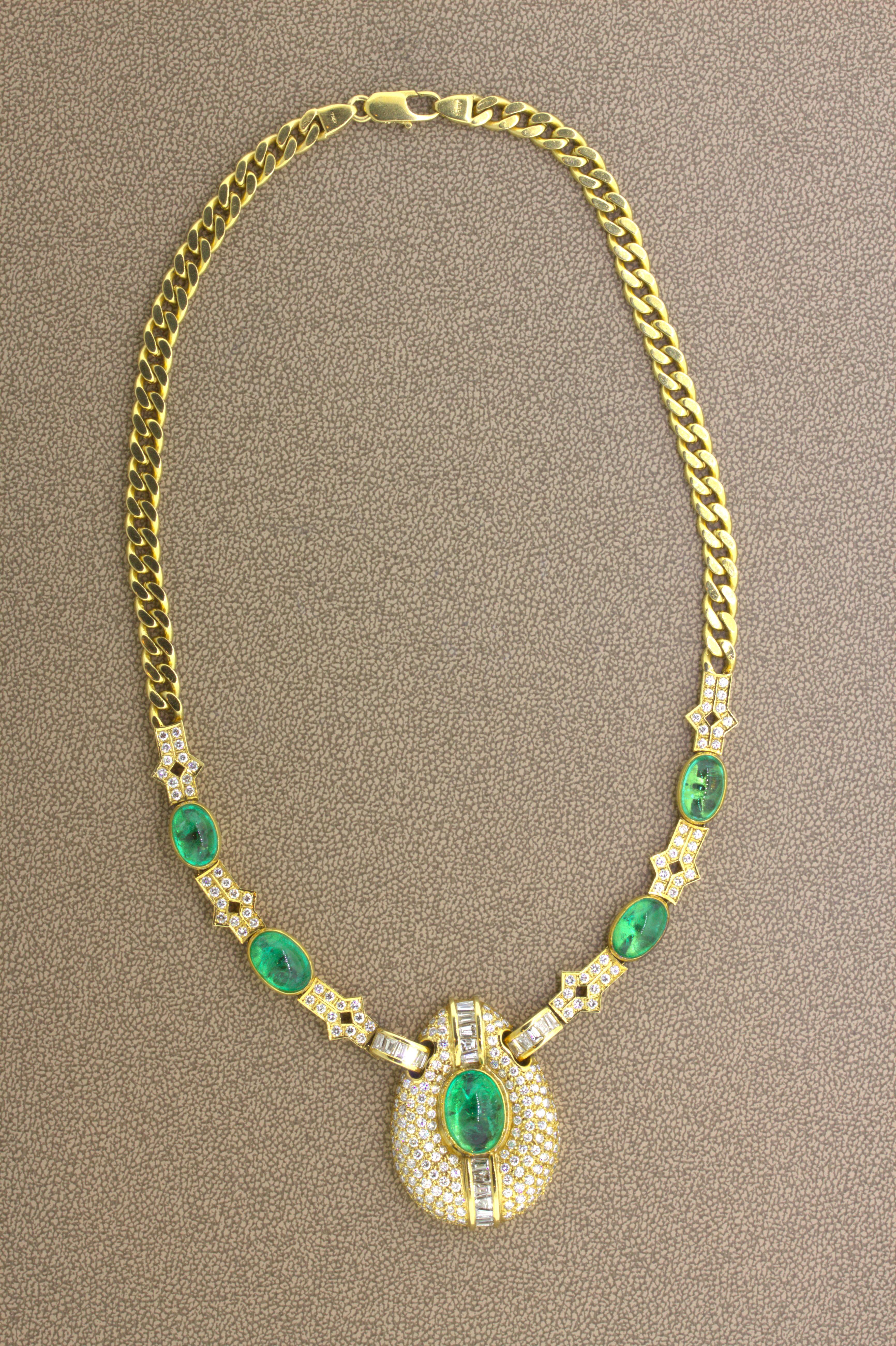 A lovely diamond and emerald necklace made in 18k yellow gold. It features 5 cabochon emeralds with a bright jelly green color weighing a total of 15 carats. Adding to that, are 8 carats of round brilliant and baguette-cut diamonds set around the