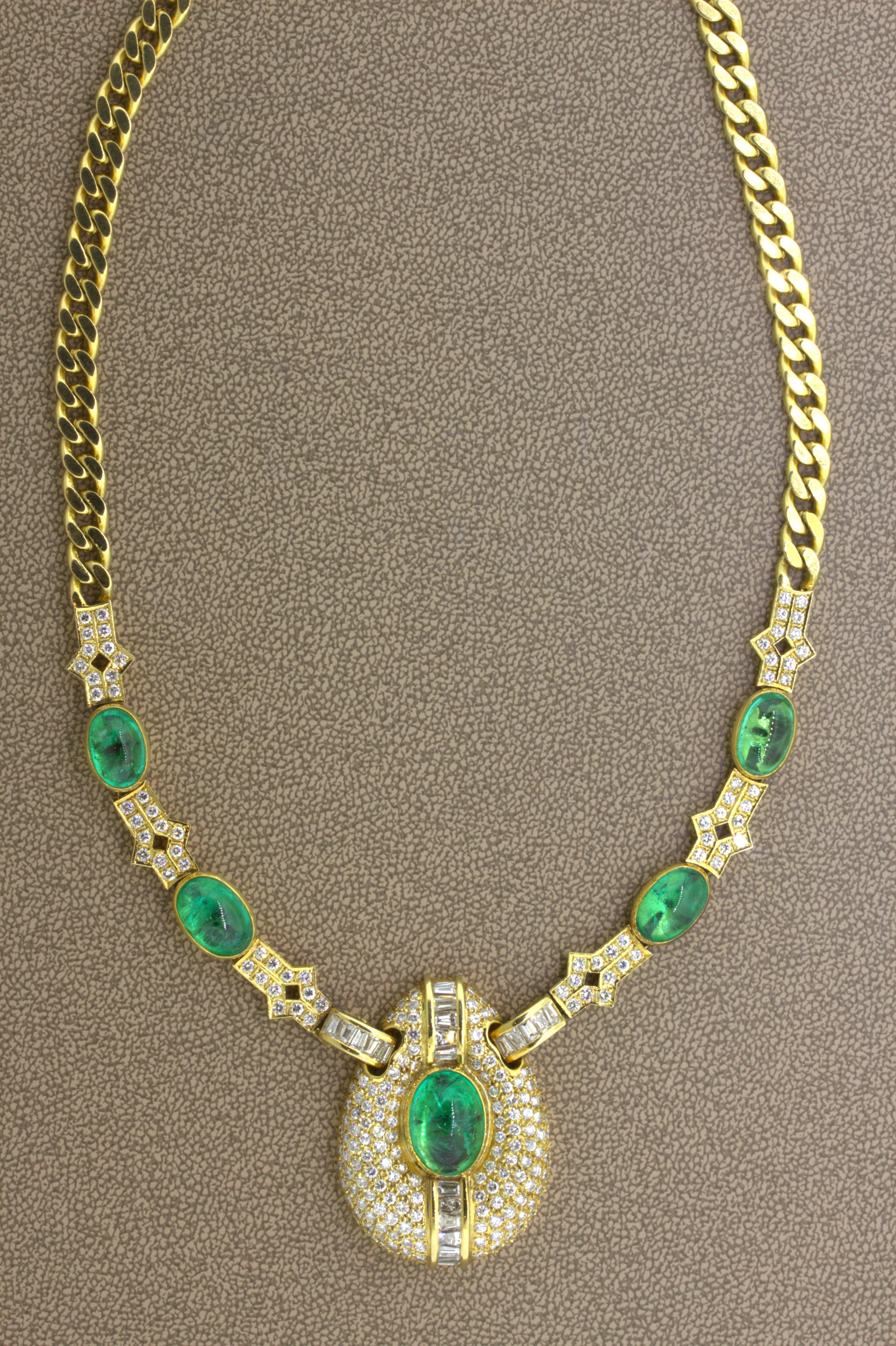 Cabochon Emerald Diamond 18k Yellow Gold Necklace In New Condition For Sale In Beverly Hills, CA