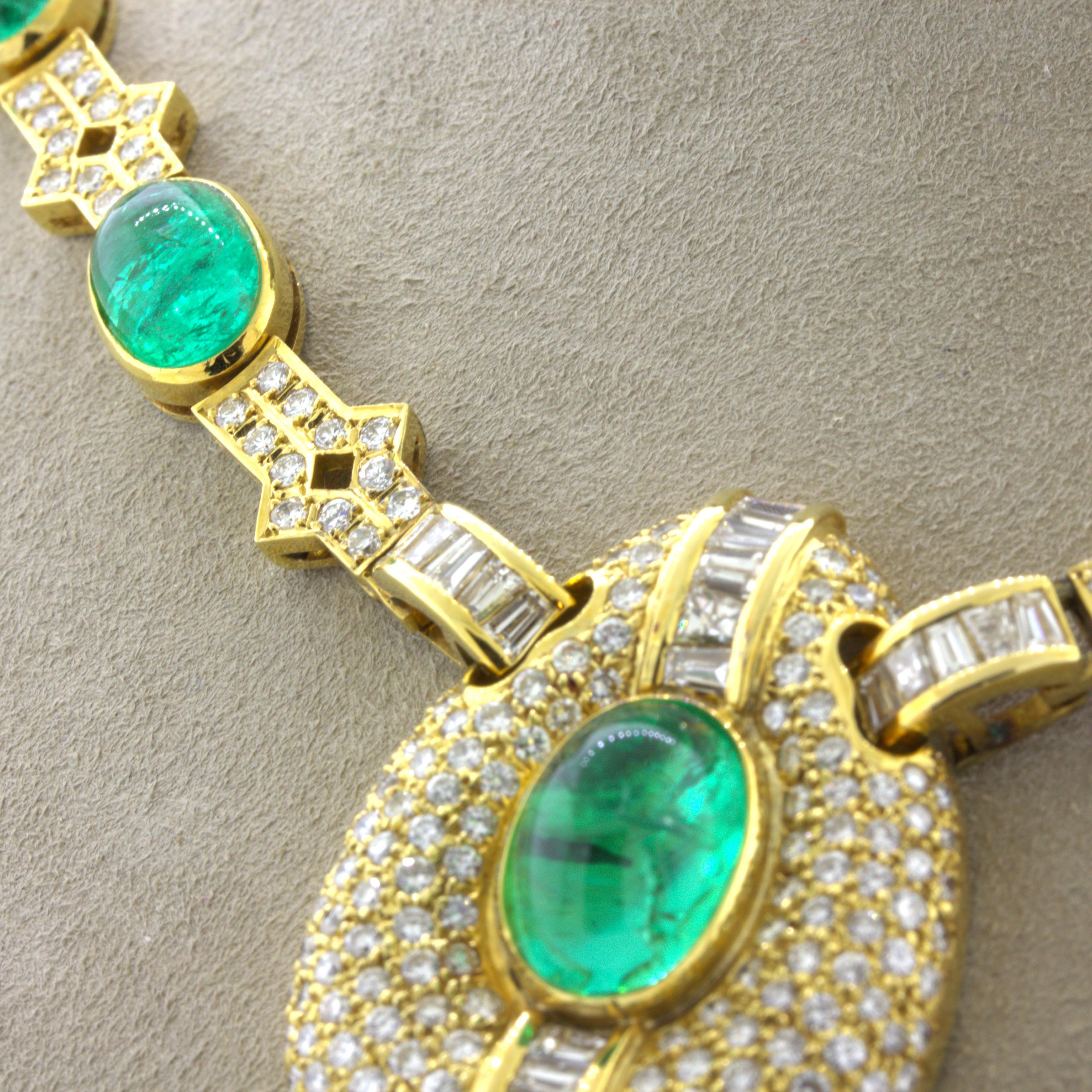 Cabochon Emerald Diamond 18k Yellow Gold Necklace For Sale 1