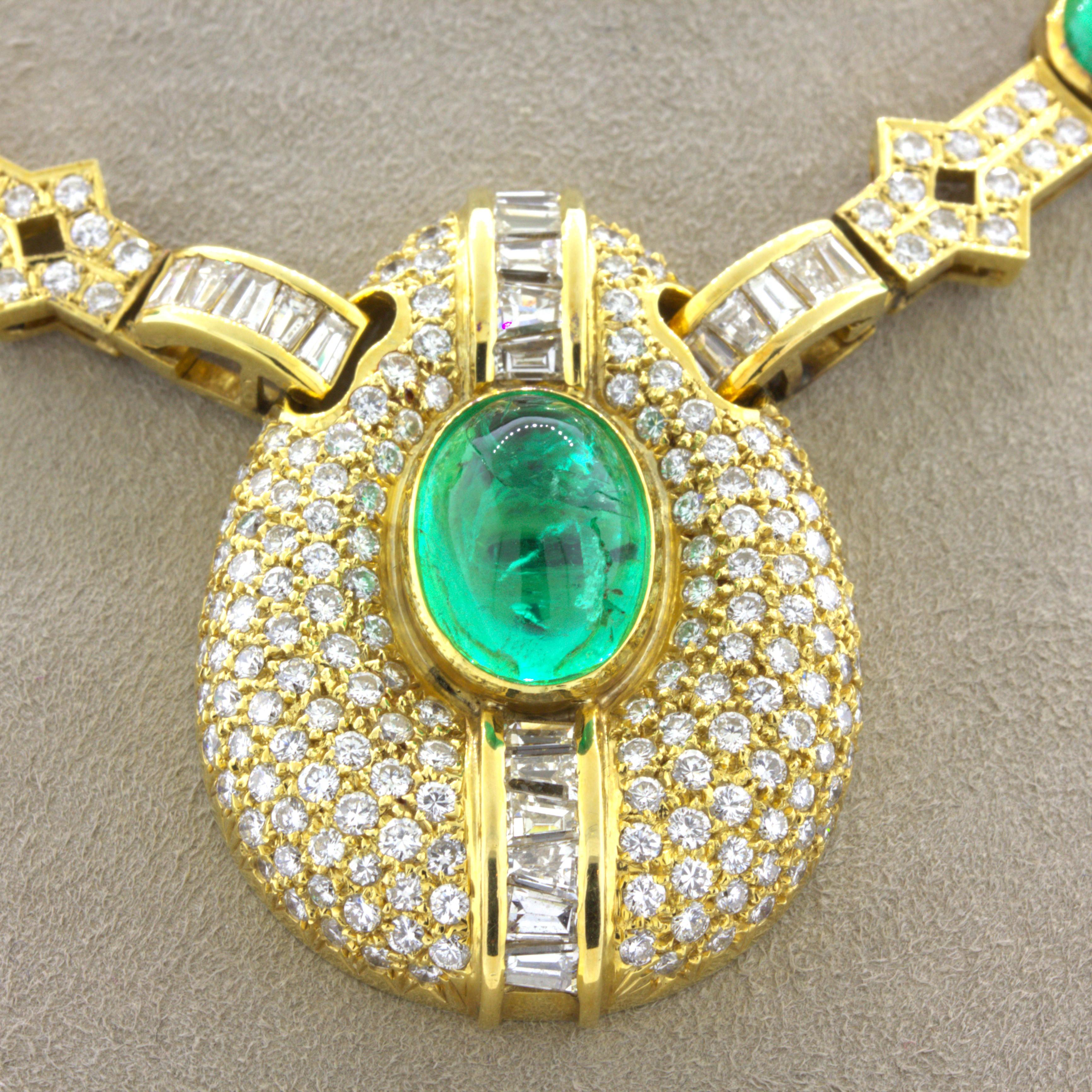 Cabochon Emerald Diamond 18k Yellow Gold Necklace For Sale 1