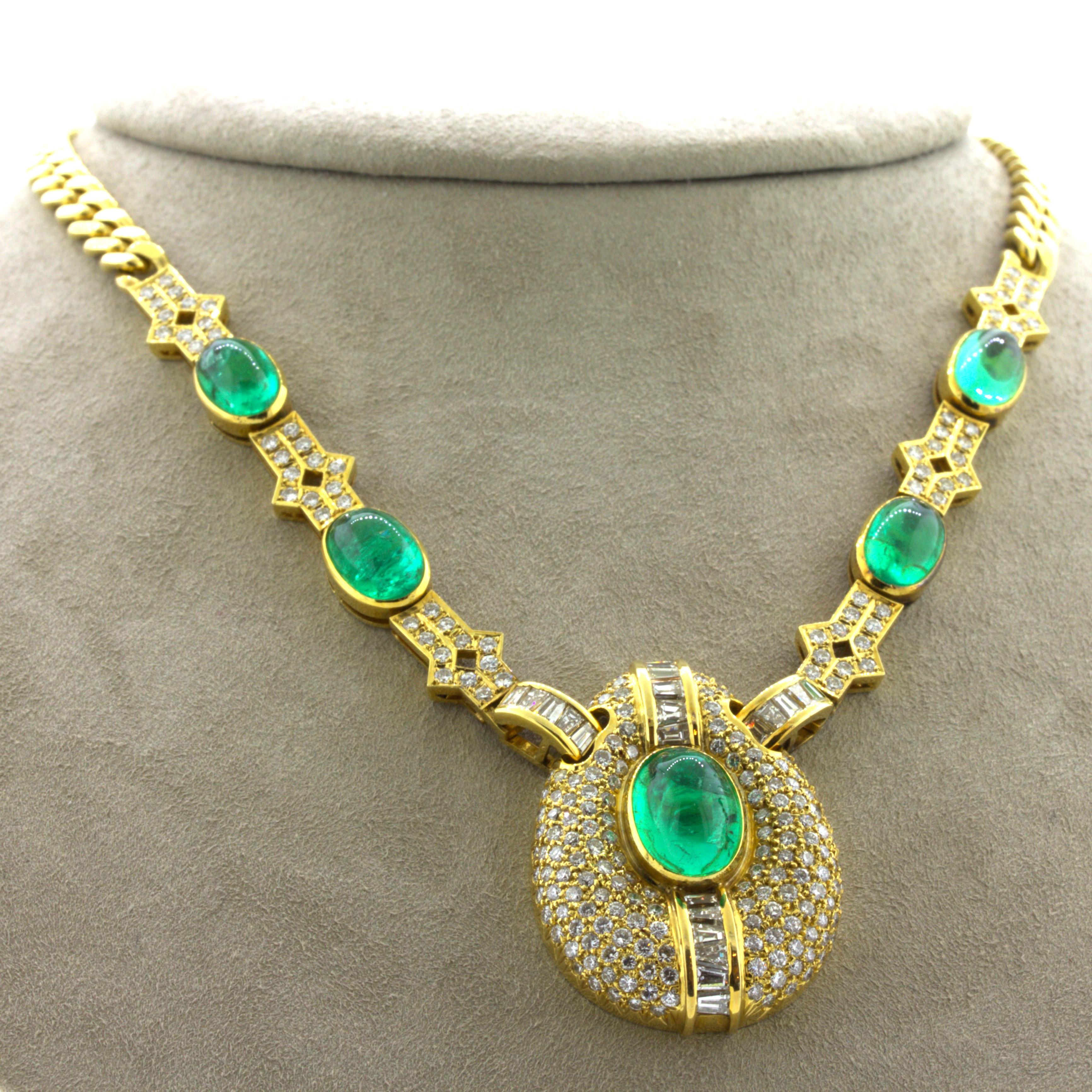 Cabochon Emerald Diamond 18k Yellow Gold Necklace For Sale 2