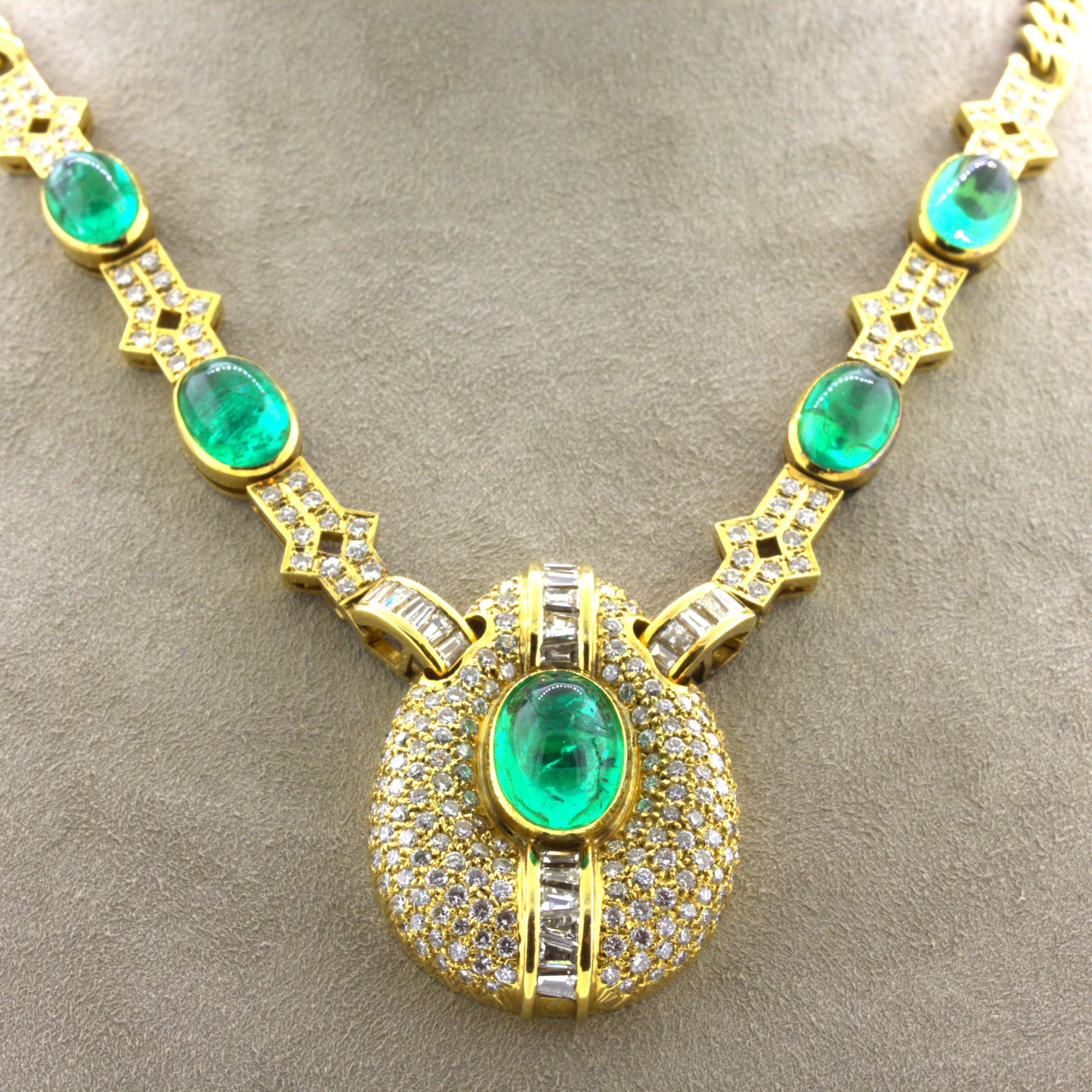 Cabochon Emerald Diamond 18k Yellow Gold Necklace For Sale 4