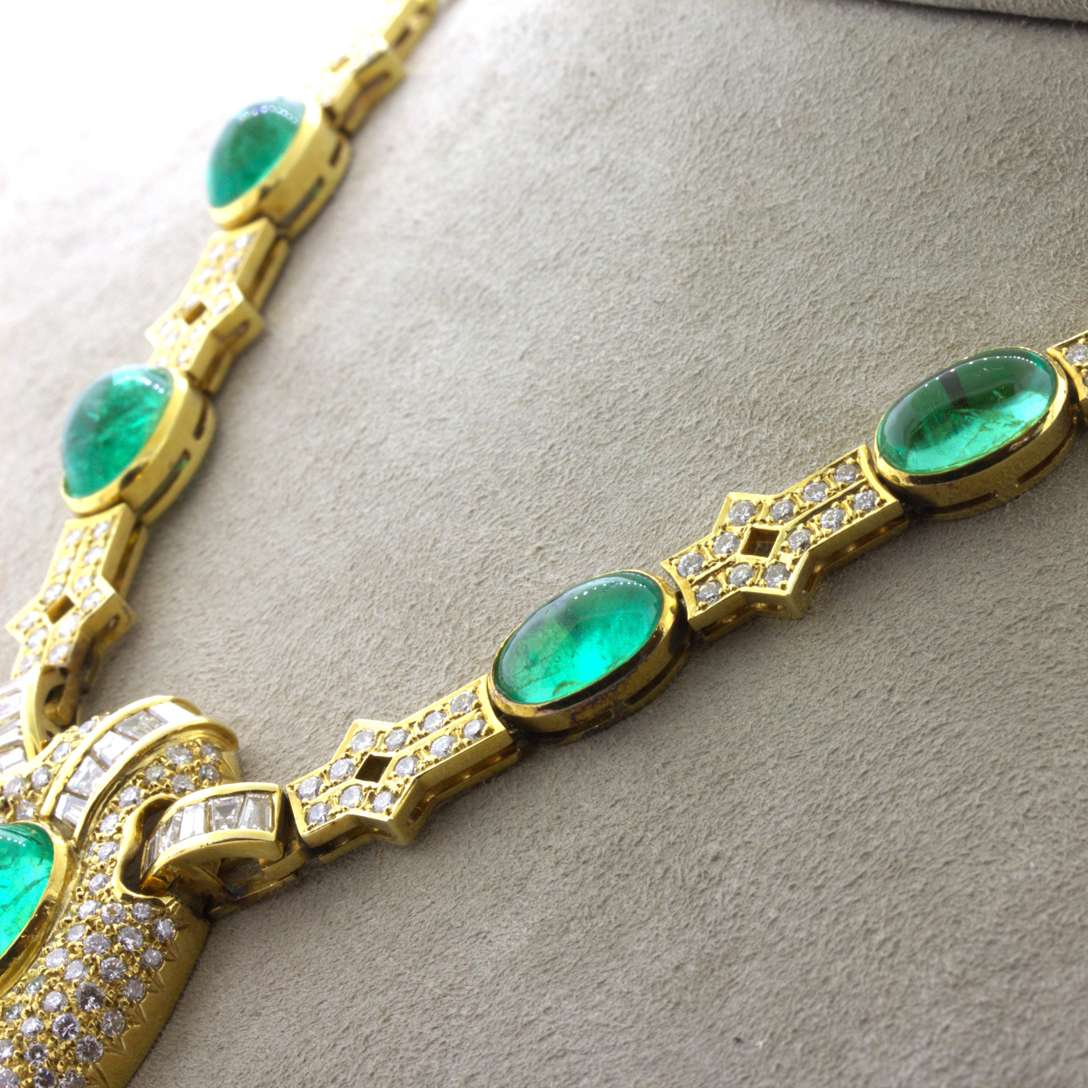 Cabochon Emerald Diamond 18k Yellow Gold Necklace For Sale 4