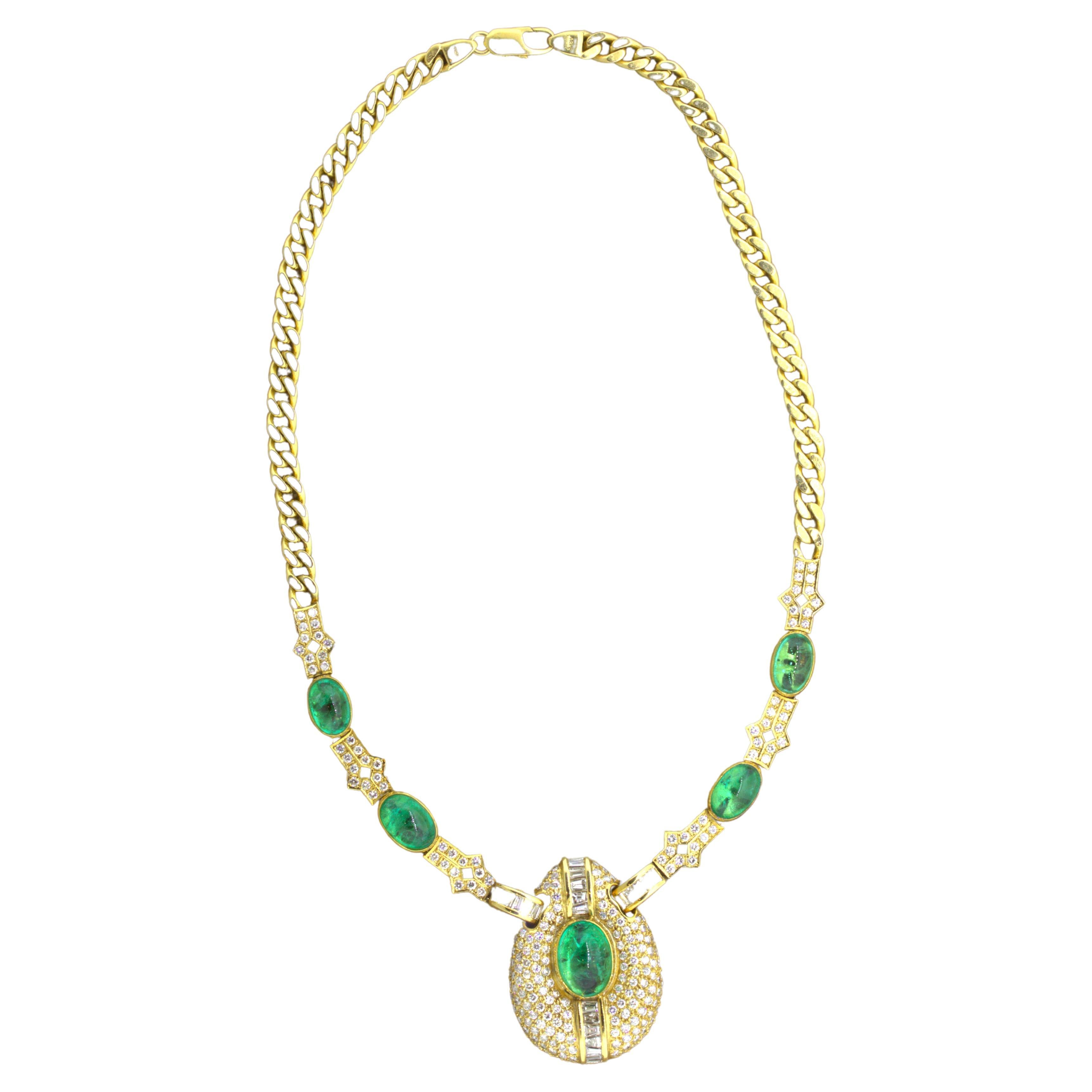 Cabochon Emerald Diamond 18k Yellow Gold Necklace For Sale
