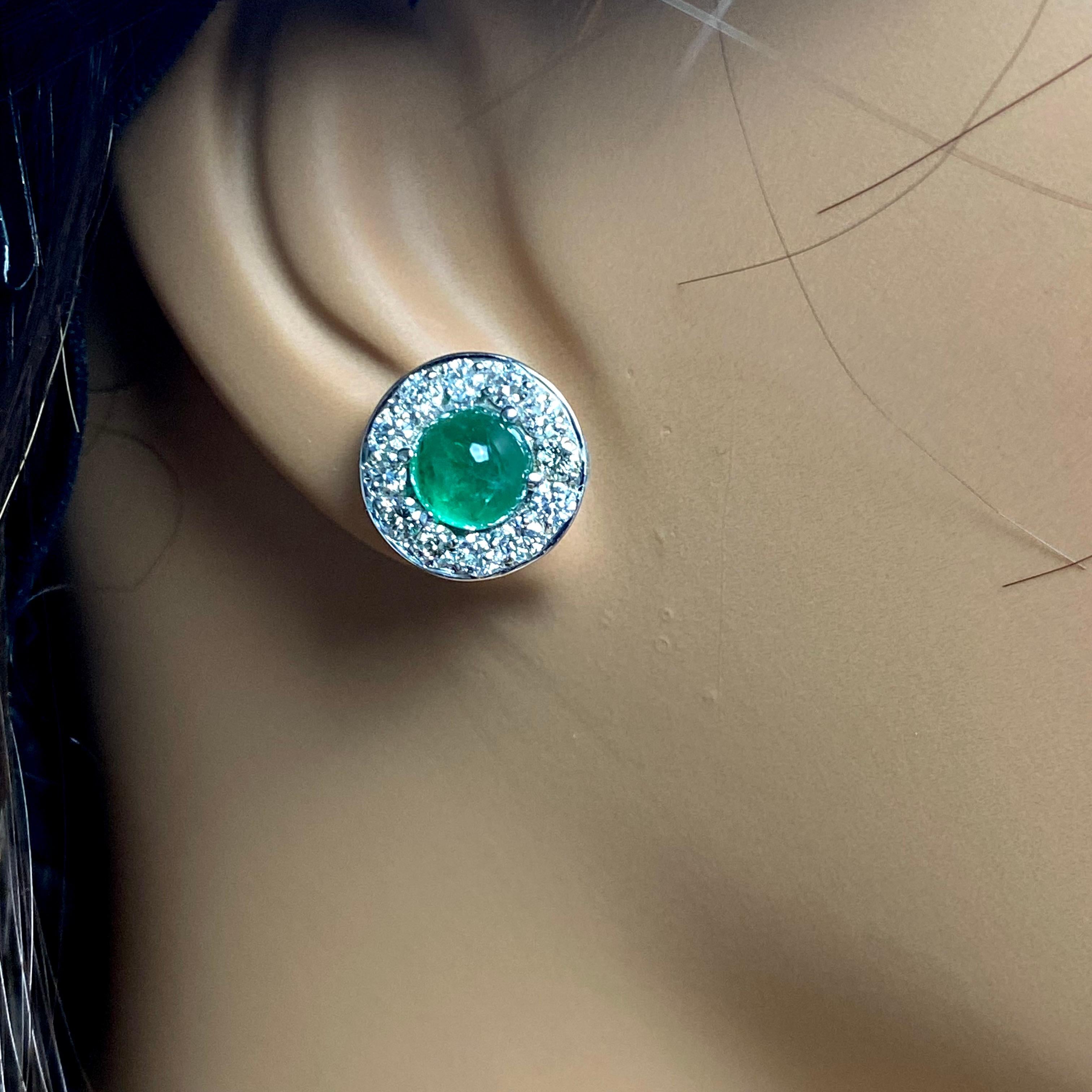 Contemporary Cabochon Emerald Diamond 2.80 Carat 14 Karat White Gold Halo 0.45 Inch Earrings For Sale