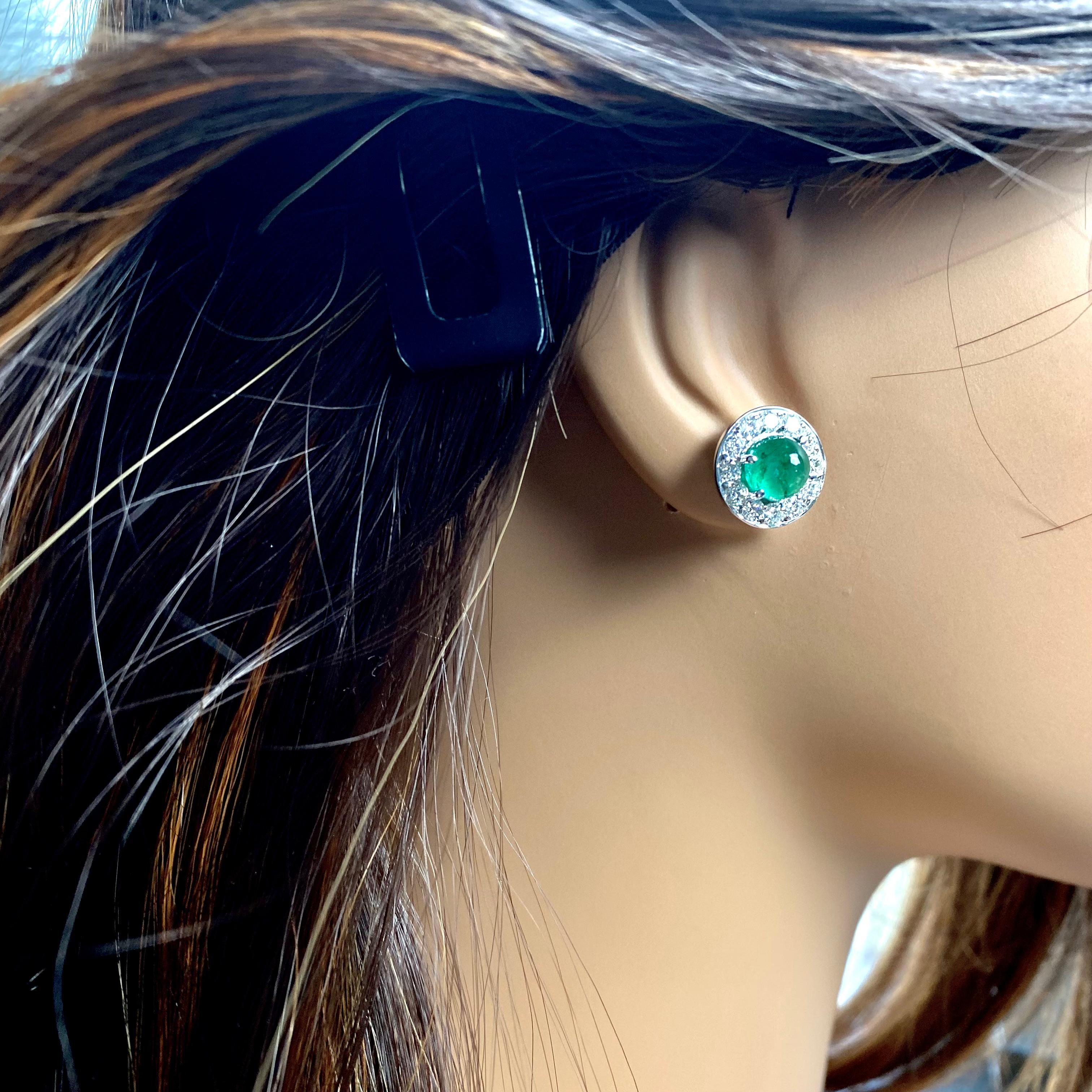 Round Cut Cabochon Emerald Diamond 2.80 Carat 14 Karat White Gold Halo 0.45 Inch Earrings For Sale