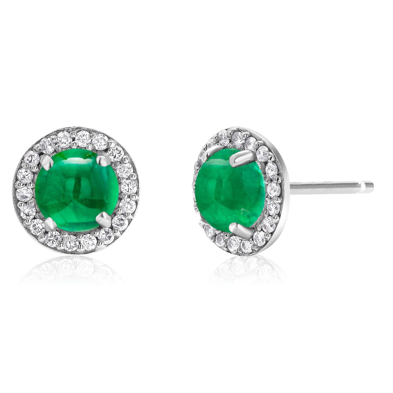 Cabochon Emerald Diamond 2.80 Carat 14 Karat White Gold Halo 0.45 Inch Earrings In New Condition For Sale In New York, NY