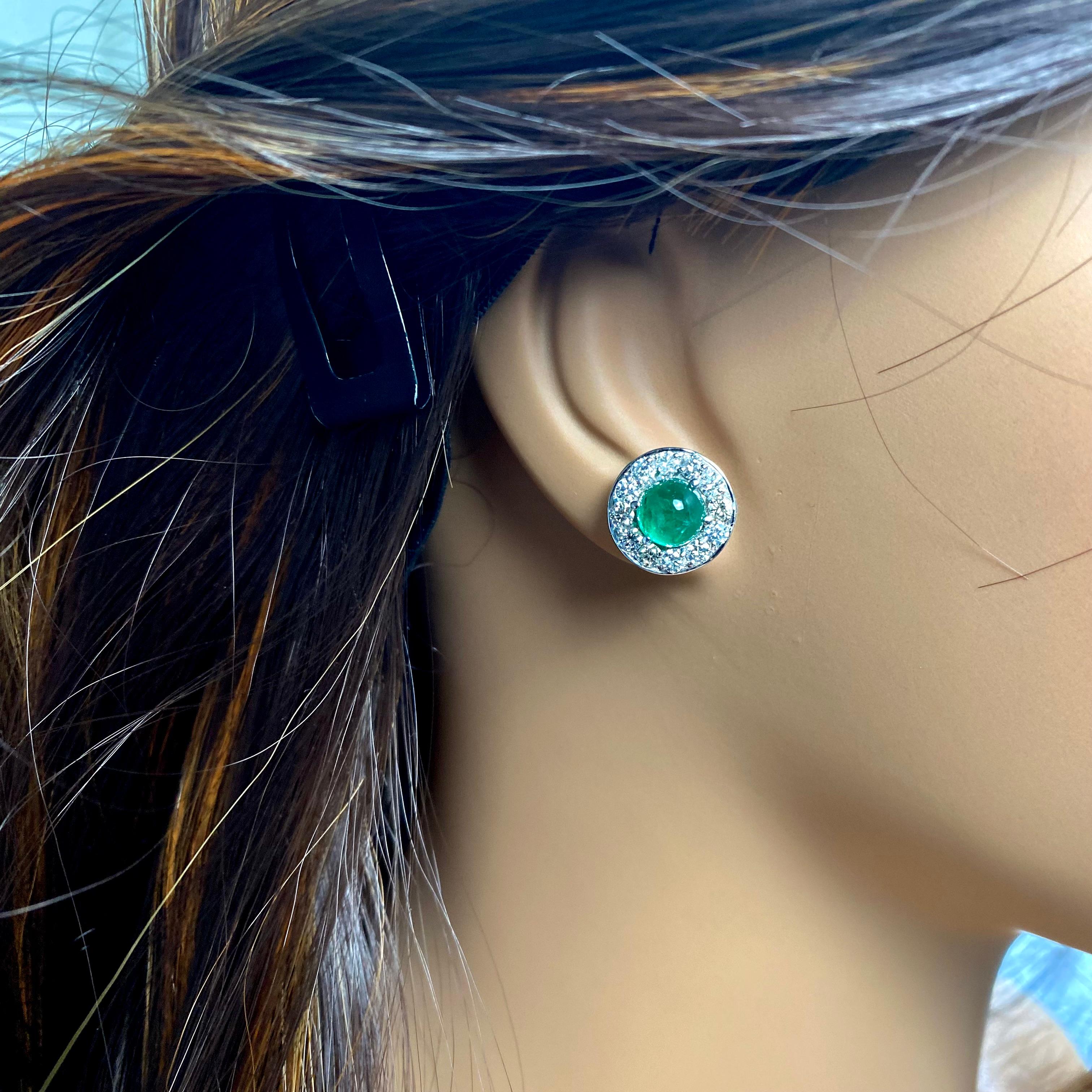 Women's or Men's Cabochon Emerald Diamond 2.80 Carat 14 Karat White Gold Halo 0.45 Inch Earrings For Sale