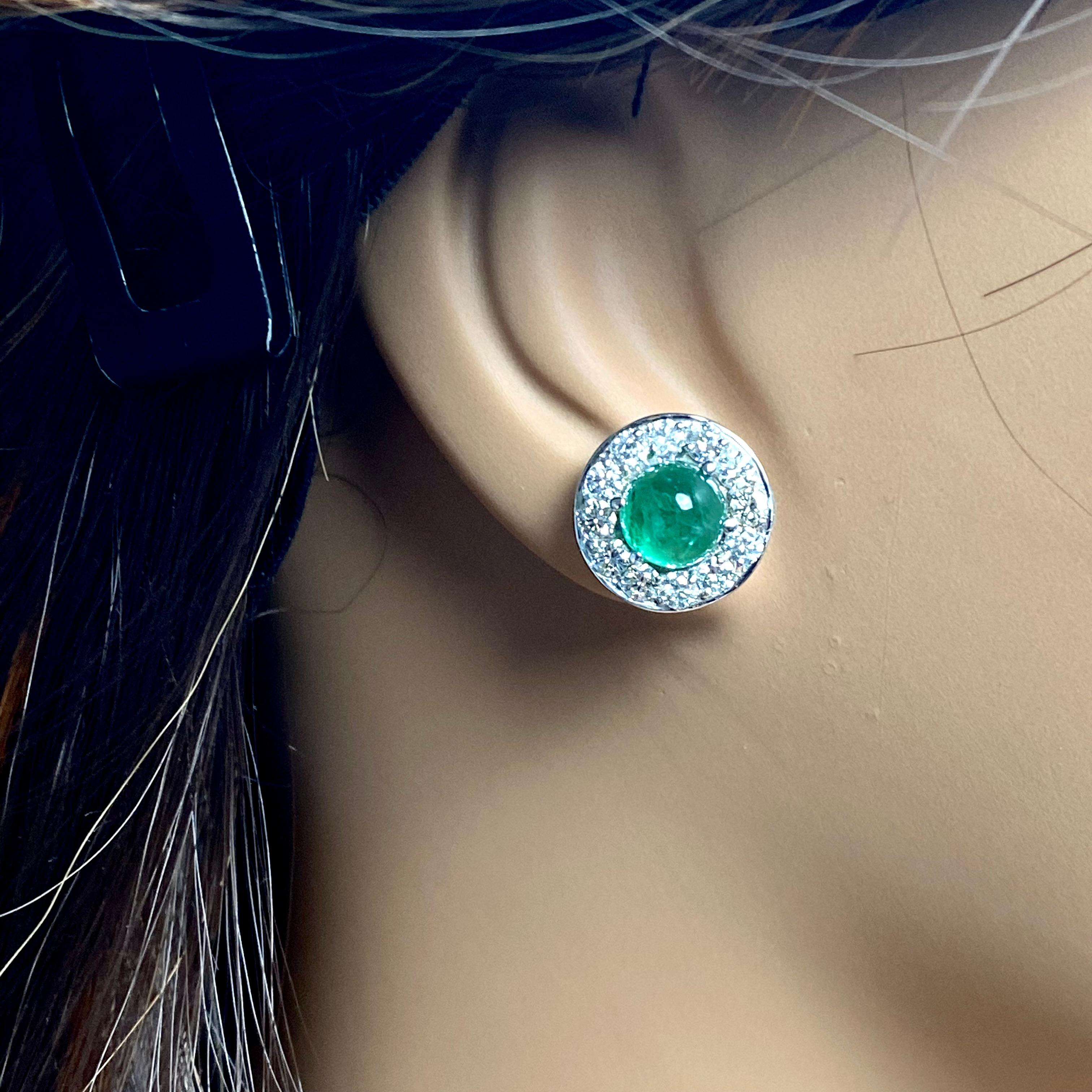 Cabochon Emerald Diamond 2.80 Carat 14 Karat White Gold Halo 0.45 Inch Earrings For Sale 1