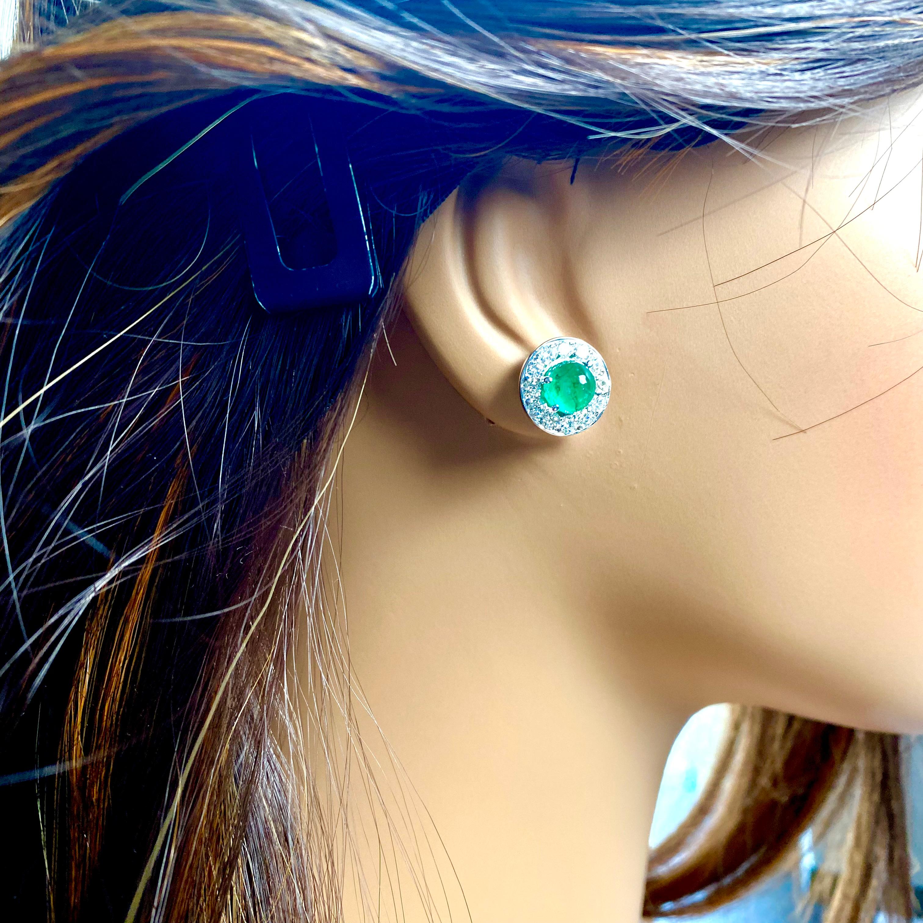 Cabochon Emerald Diamond 2.80 Carat 14 Karat White Gold Halo 0.45 Inch Earrings For Sale 2