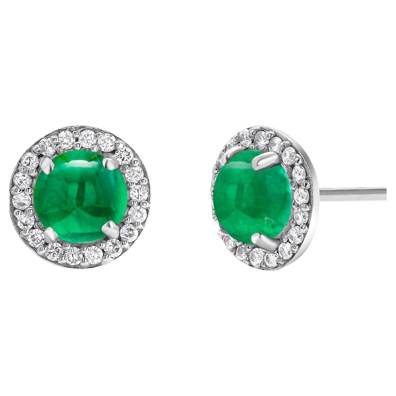 Cabochon Emerald Diamond 2.80 Carat 14 Karat White Gold Halo 0.45 Inch Earrings For Sale