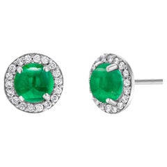 Cabochon Emerald Diamond 2.80 Carat 14 Karat White Gold Halo 0.45 Inch Earrings