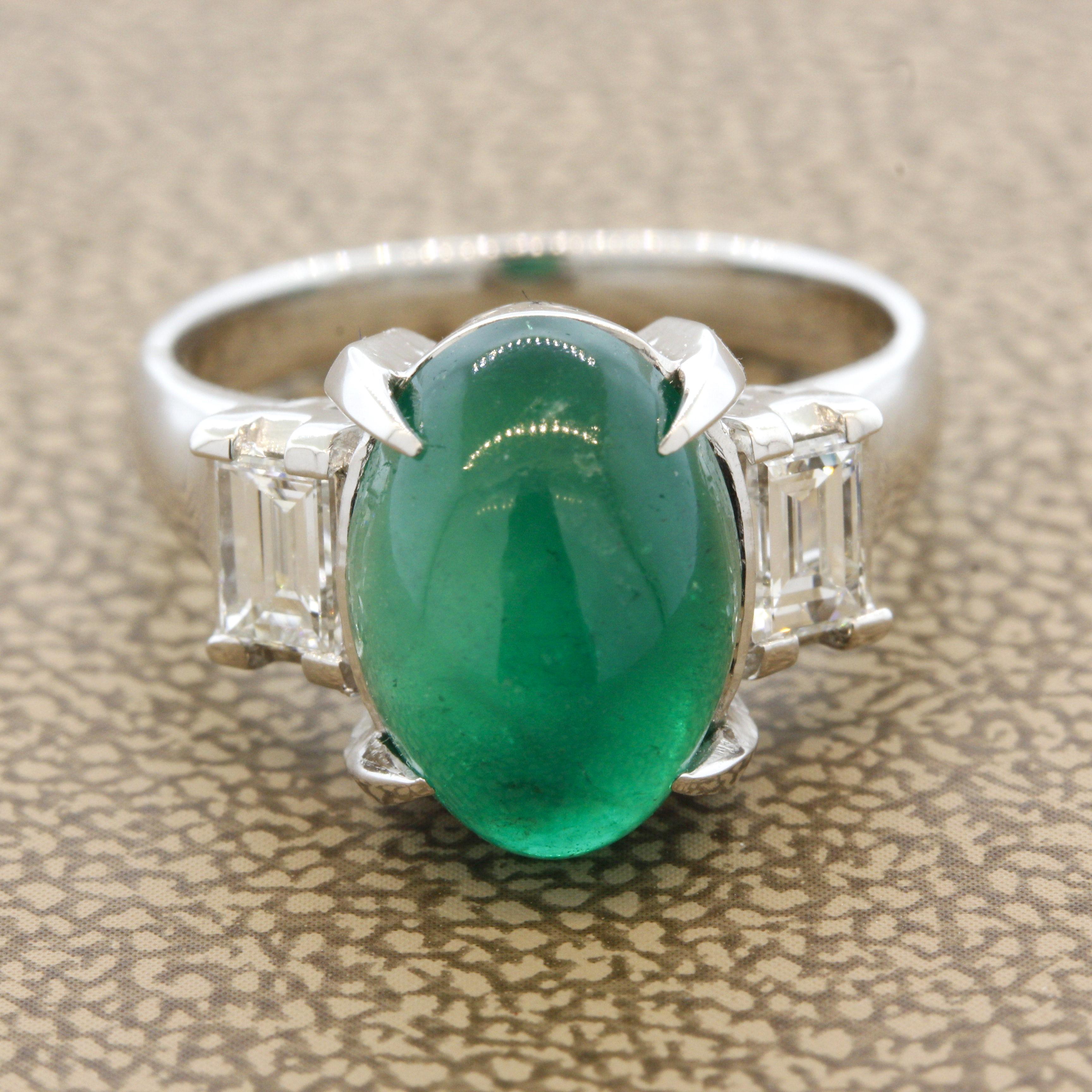 For Sale:  Cabochon Emerald Diamond 3-Stone Platinum Ring 2