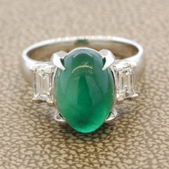 Cabochon Emerald Diamond 3-Stone Platinum Ring