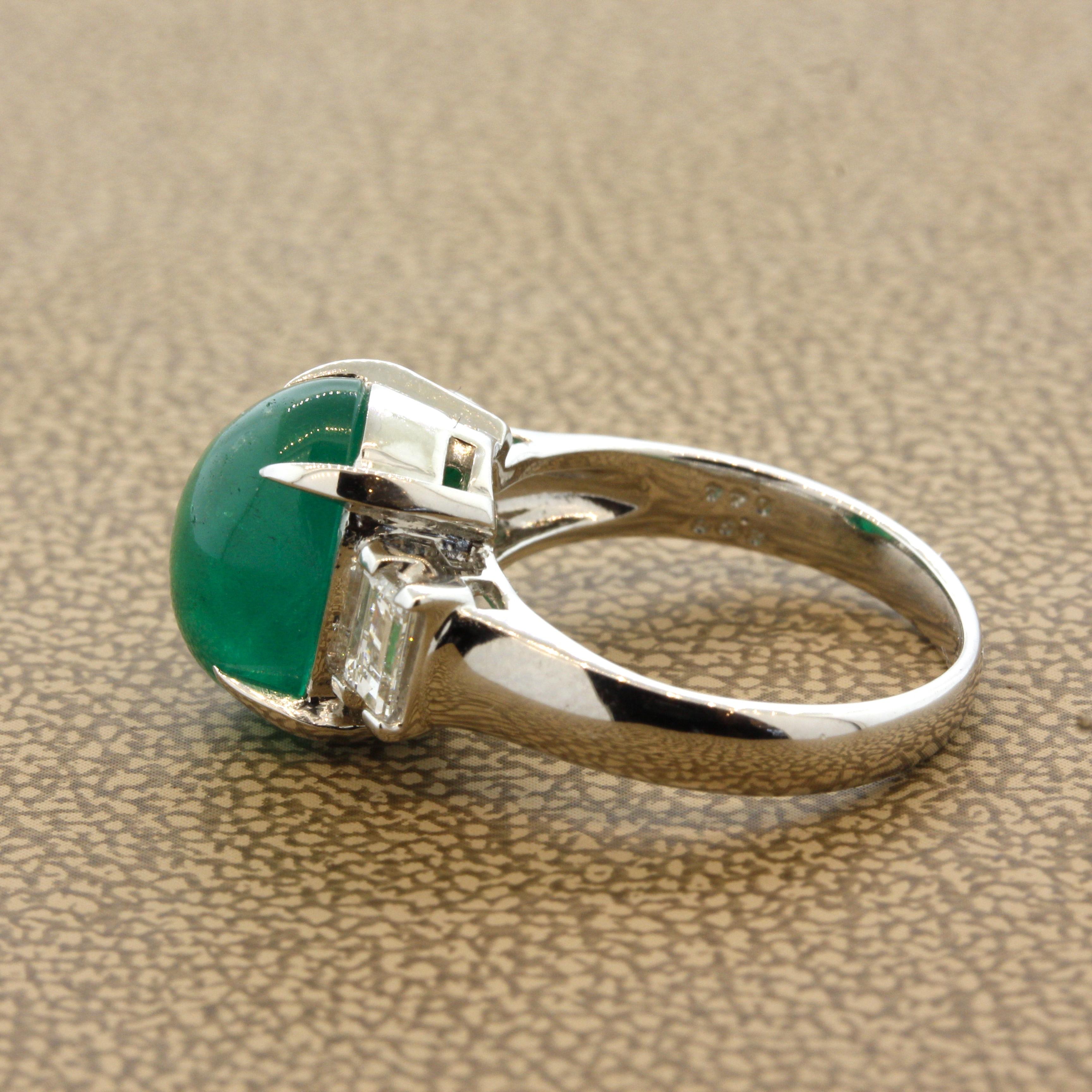 For Sale:  Cabochon Emerald Diamond 3-Stone Platinum Ring 3