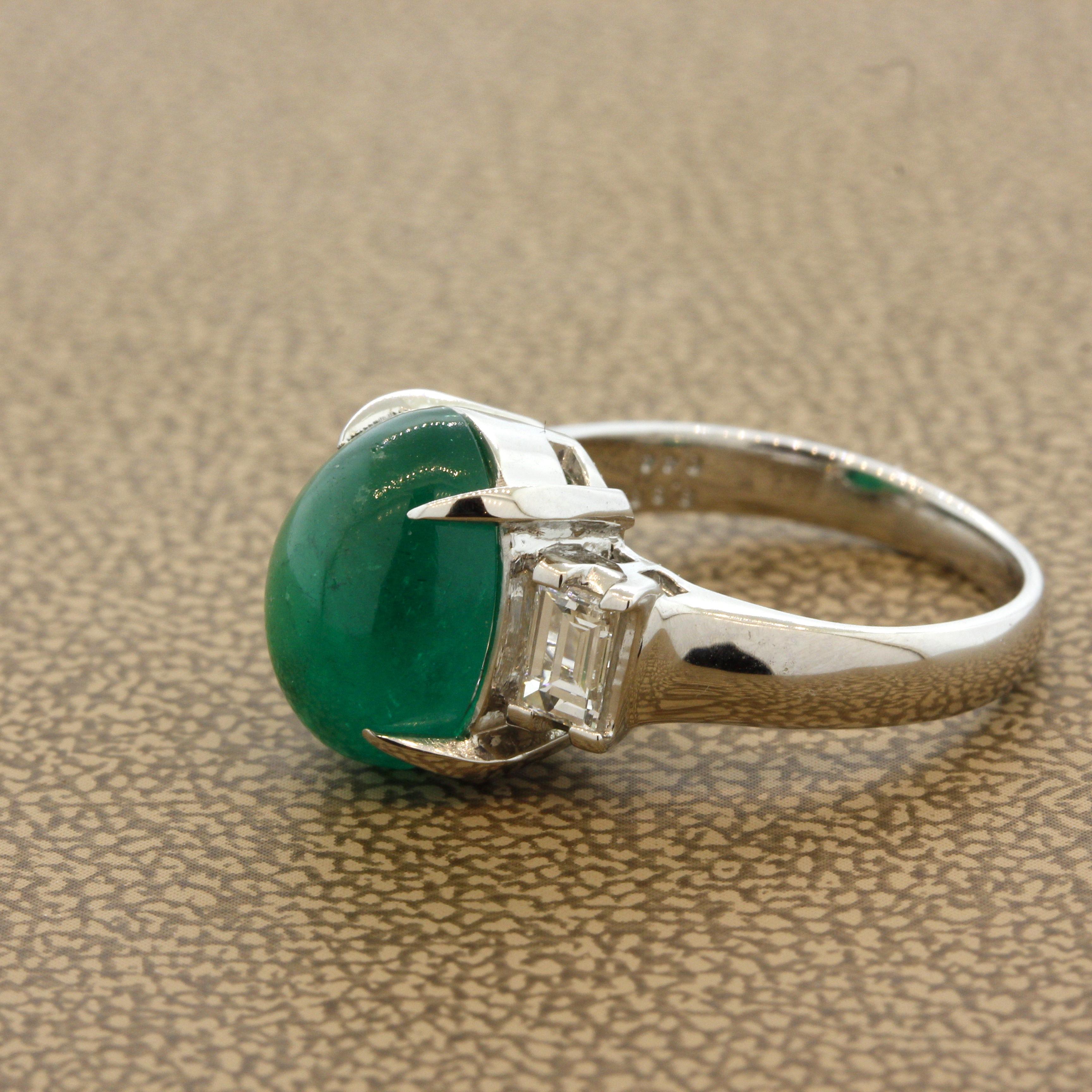For Sale:  Cabochon Emerald Diamond 3-Stone Platinum Ring 4