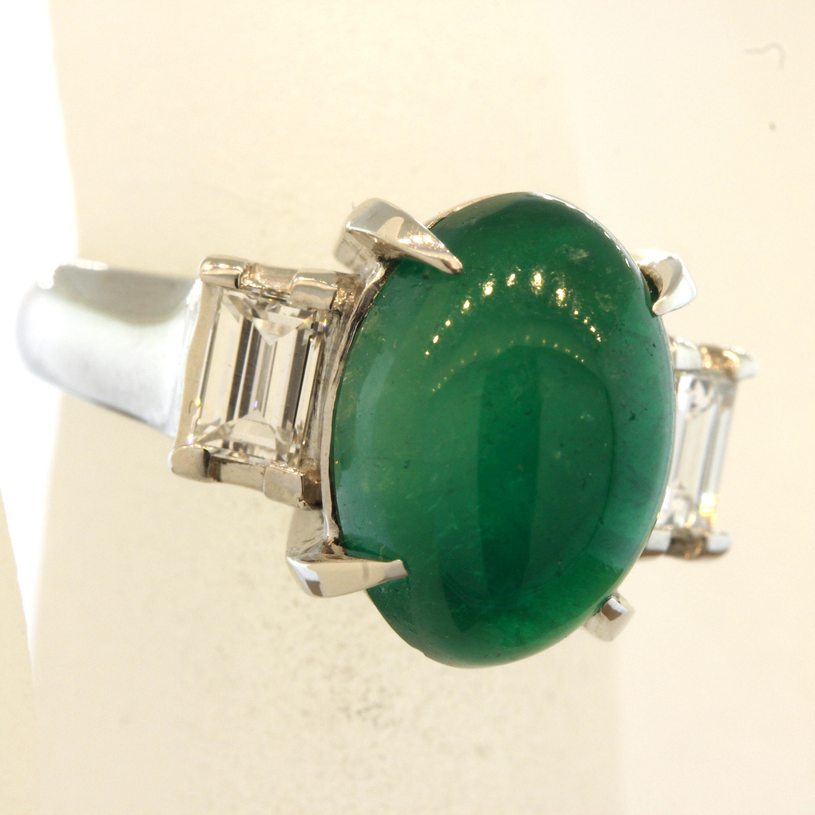 For Sale:  Cabochon Emerald Diamond 3-Stone Platinum Ring 5